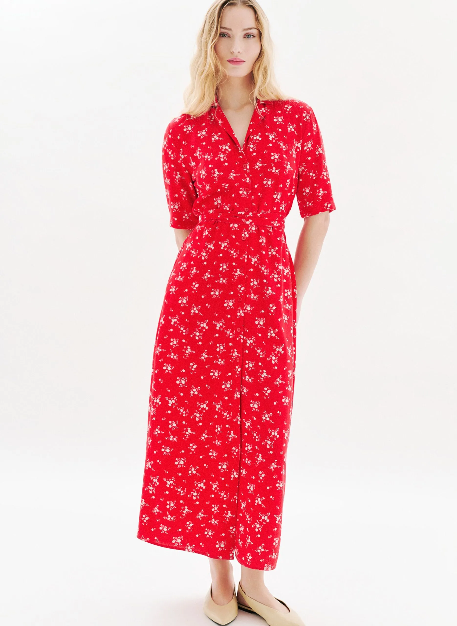 Robe midi col v imprimée Rouge 252R-RTIFANNY