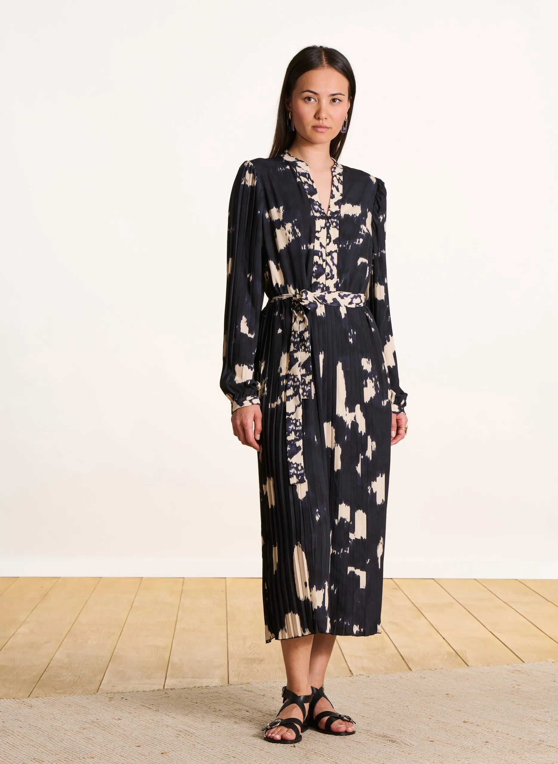 Robe midi plissée à motifs Multicolore