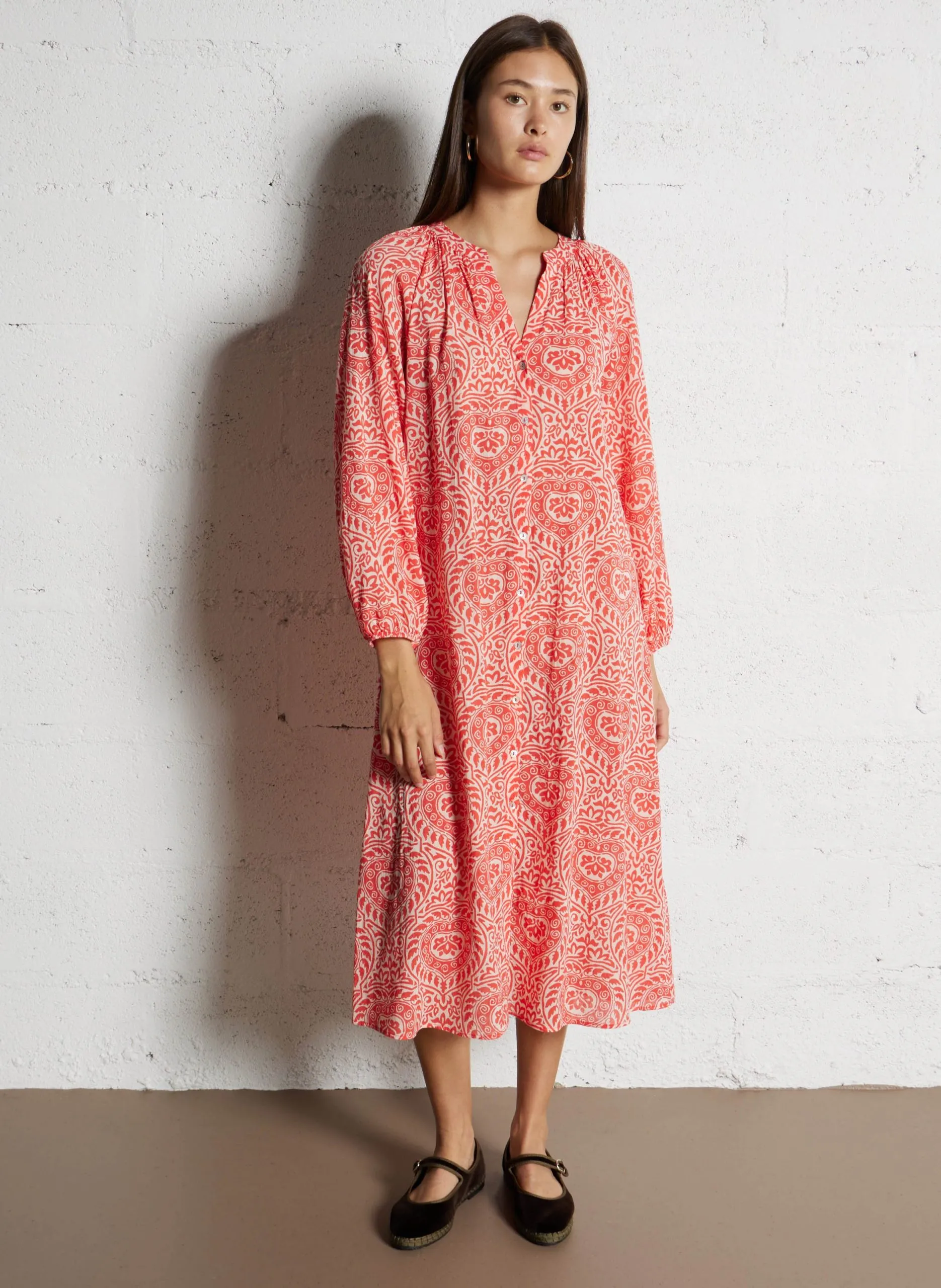 Robe midi en coton imprimé Orange ROMANA