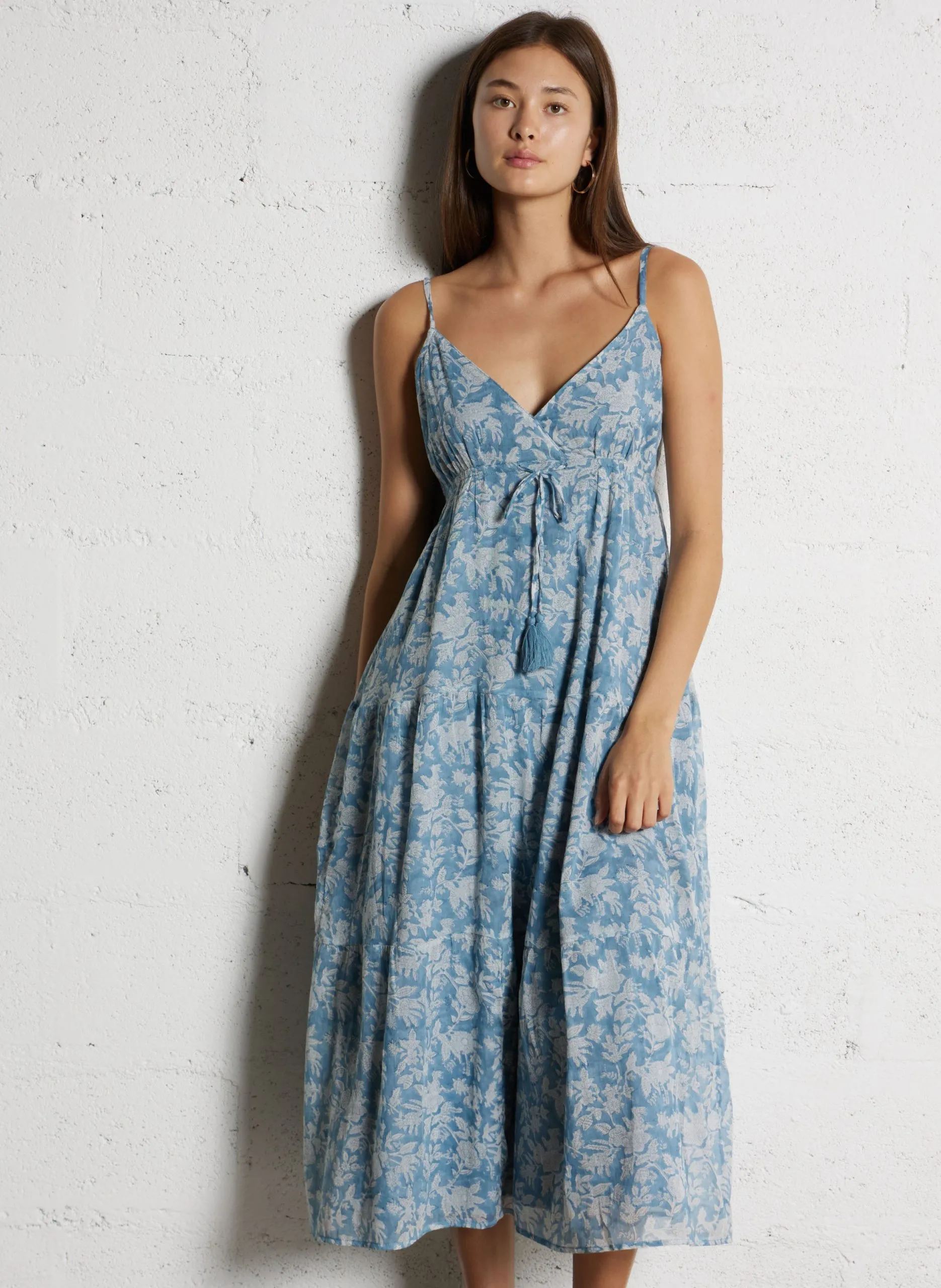 Robe midi en coton imprimée Bleu LUCIE
