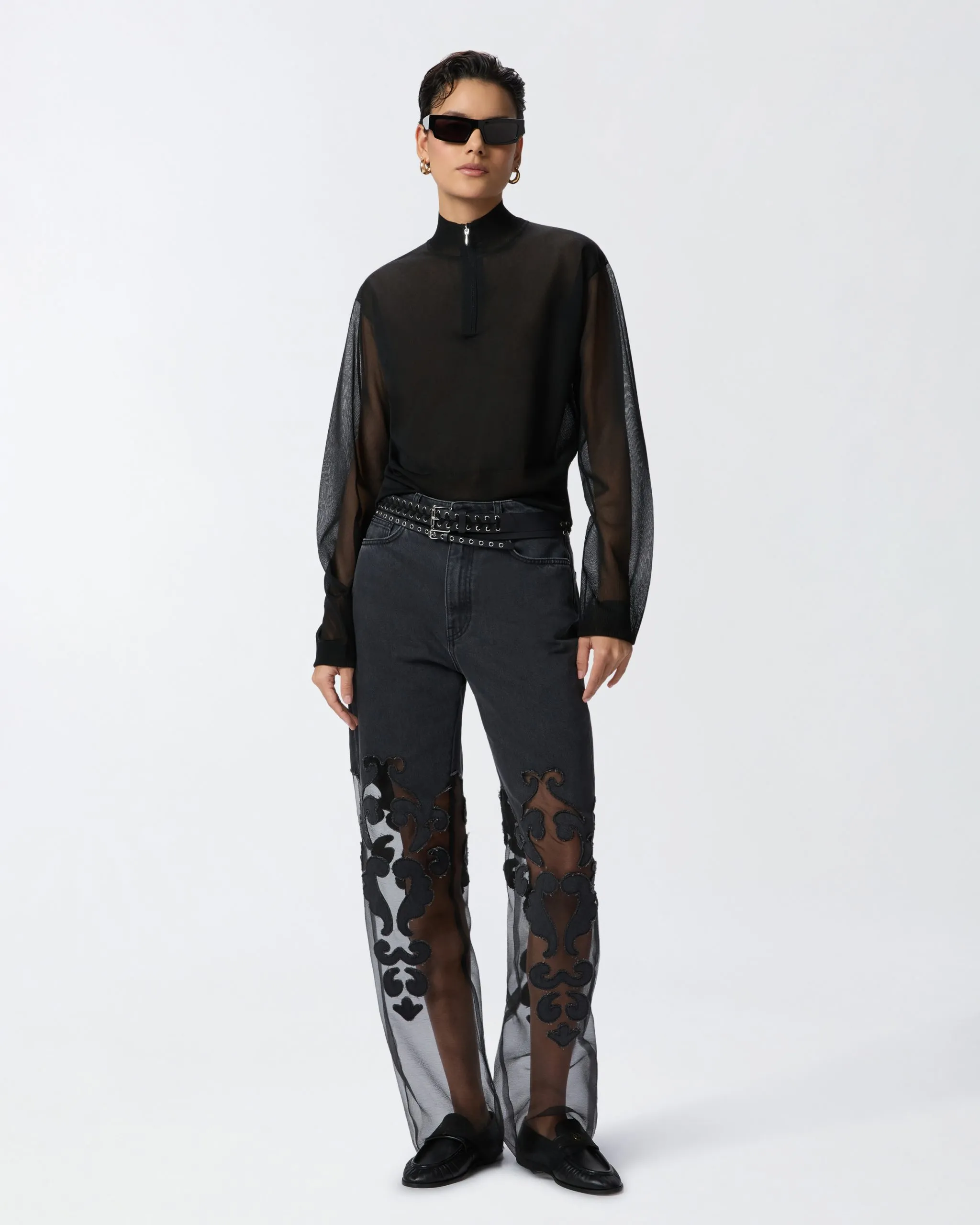 Jeans baggy noirs avec organza transparent j Noir