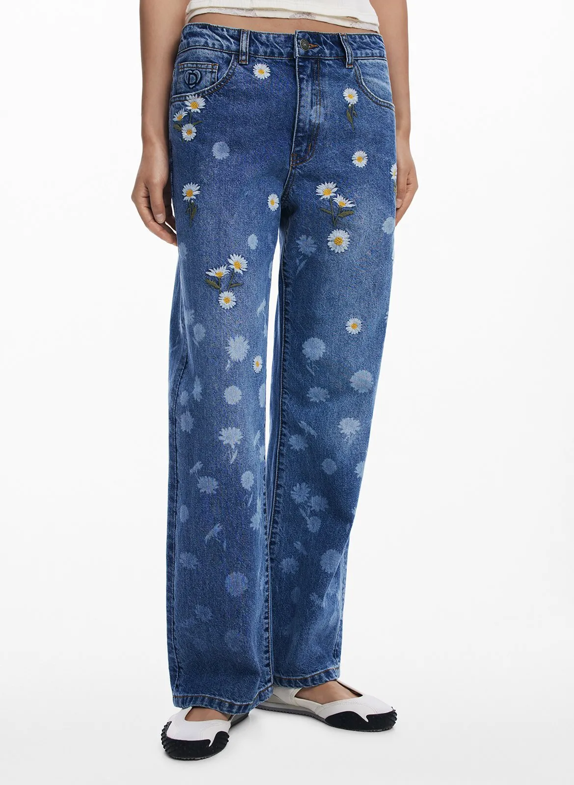 Jean large taille haute à motifs Bleu