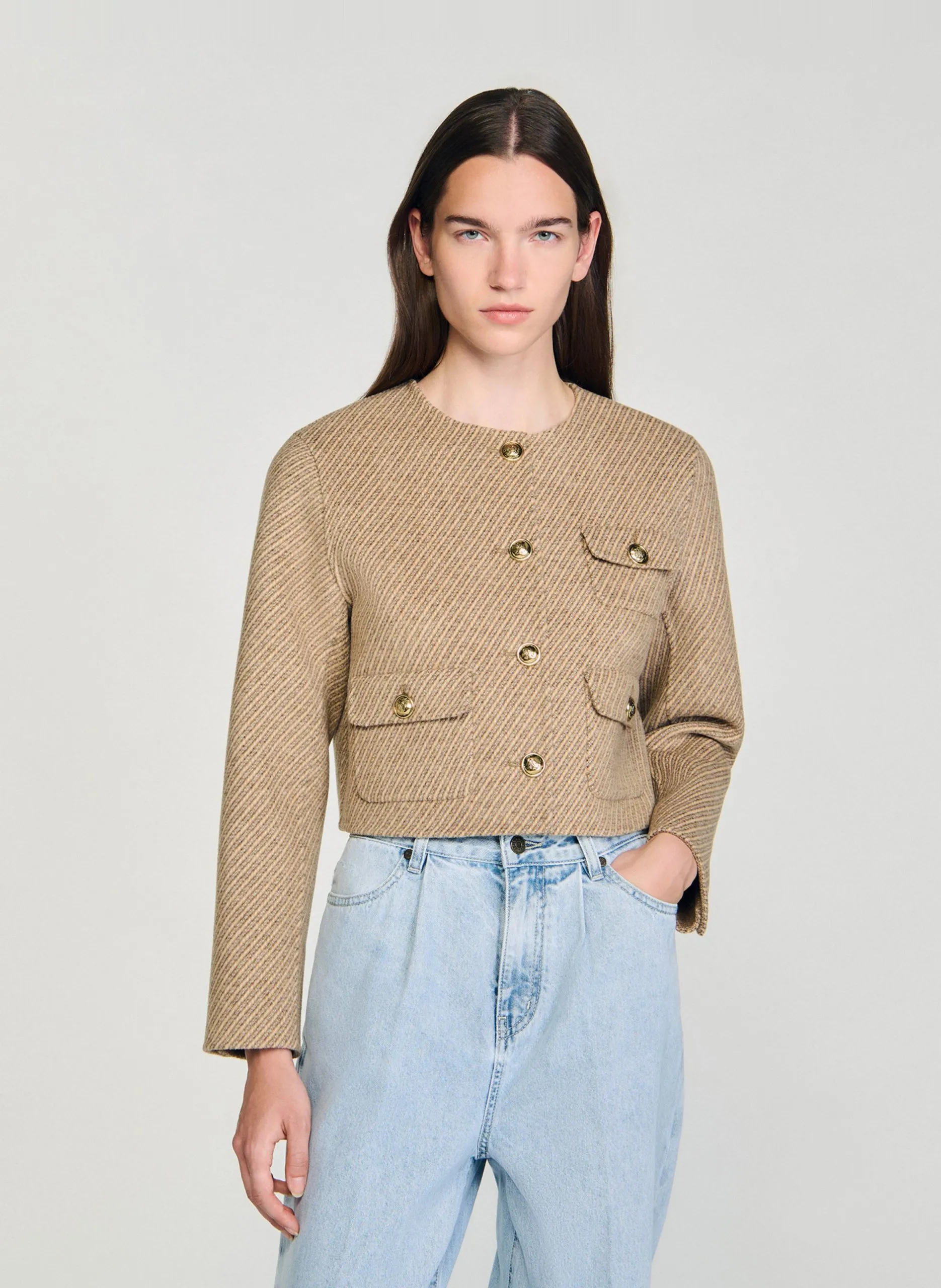 Veste col rond en laine mélangée Beige