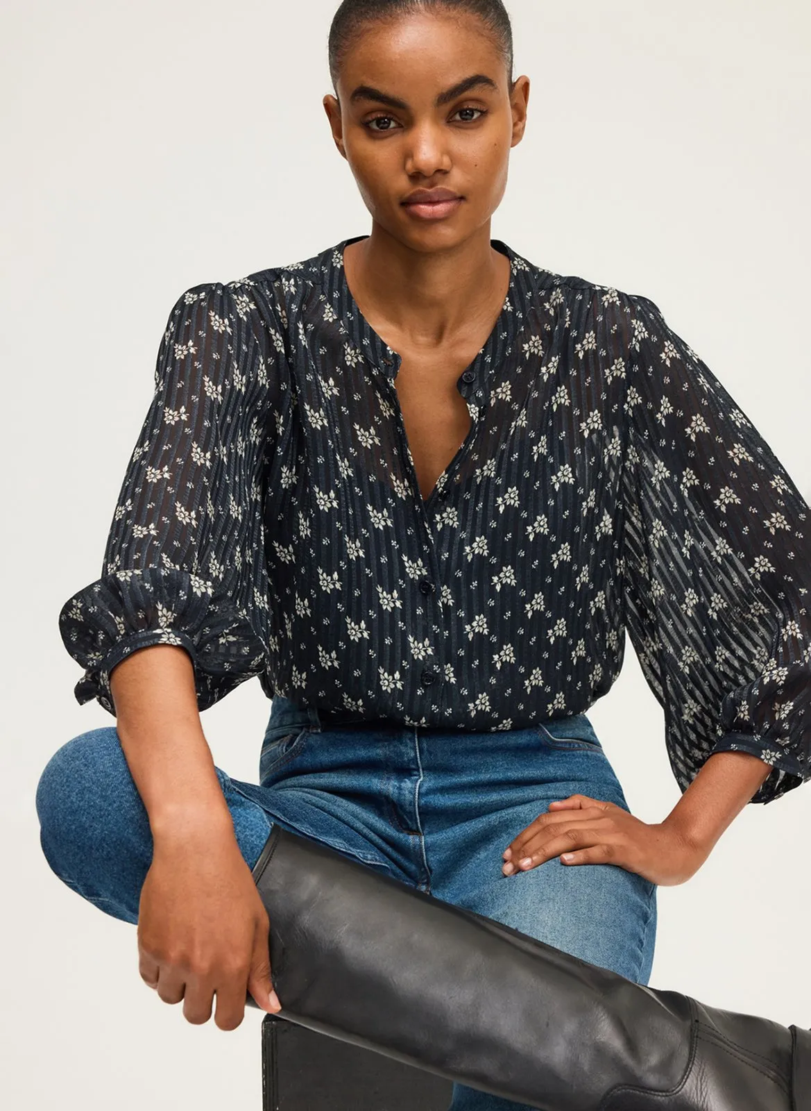 Blouse col rond à imprimé fleuri Bleu AINA