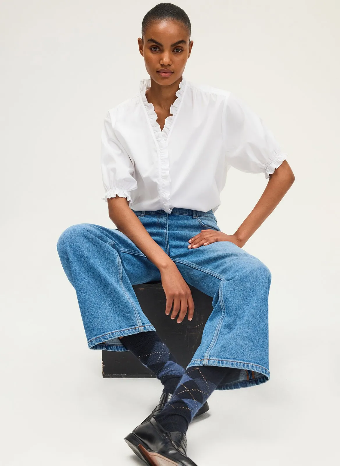 Blouse col V à volants unie en coton Blanc ARYA