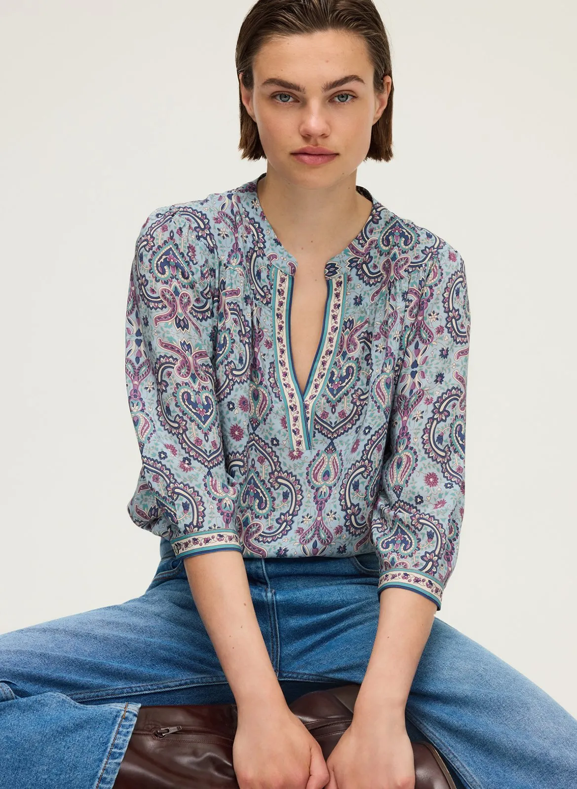 Blouse col tunisien imprimée Bleu ADELINA