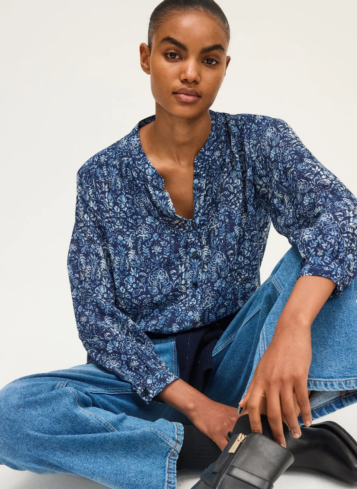 Blouse col tunisien imprimée Bleu AKINA