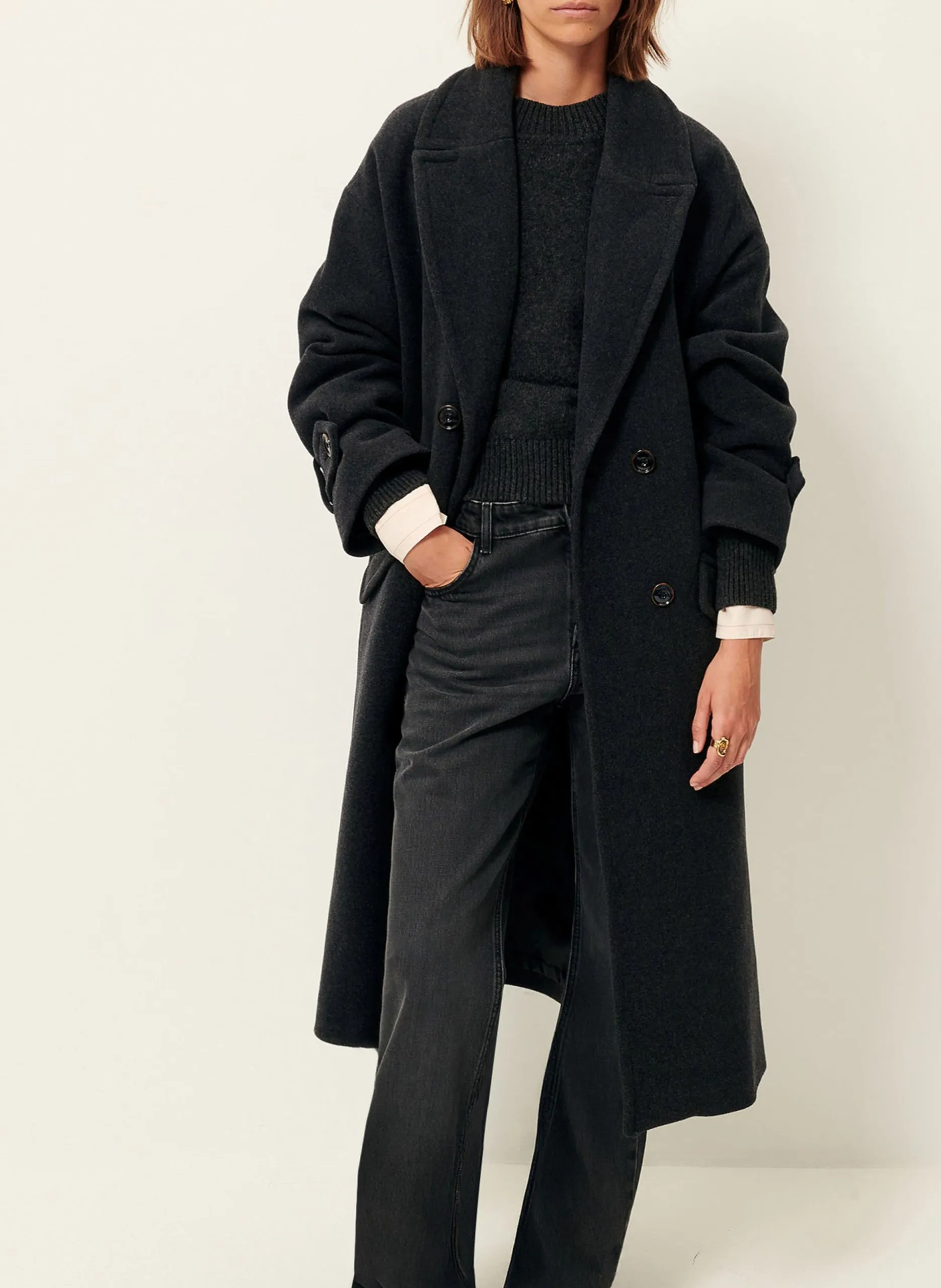 Manteau droit col tailleur en laine mélangée Gris MIA