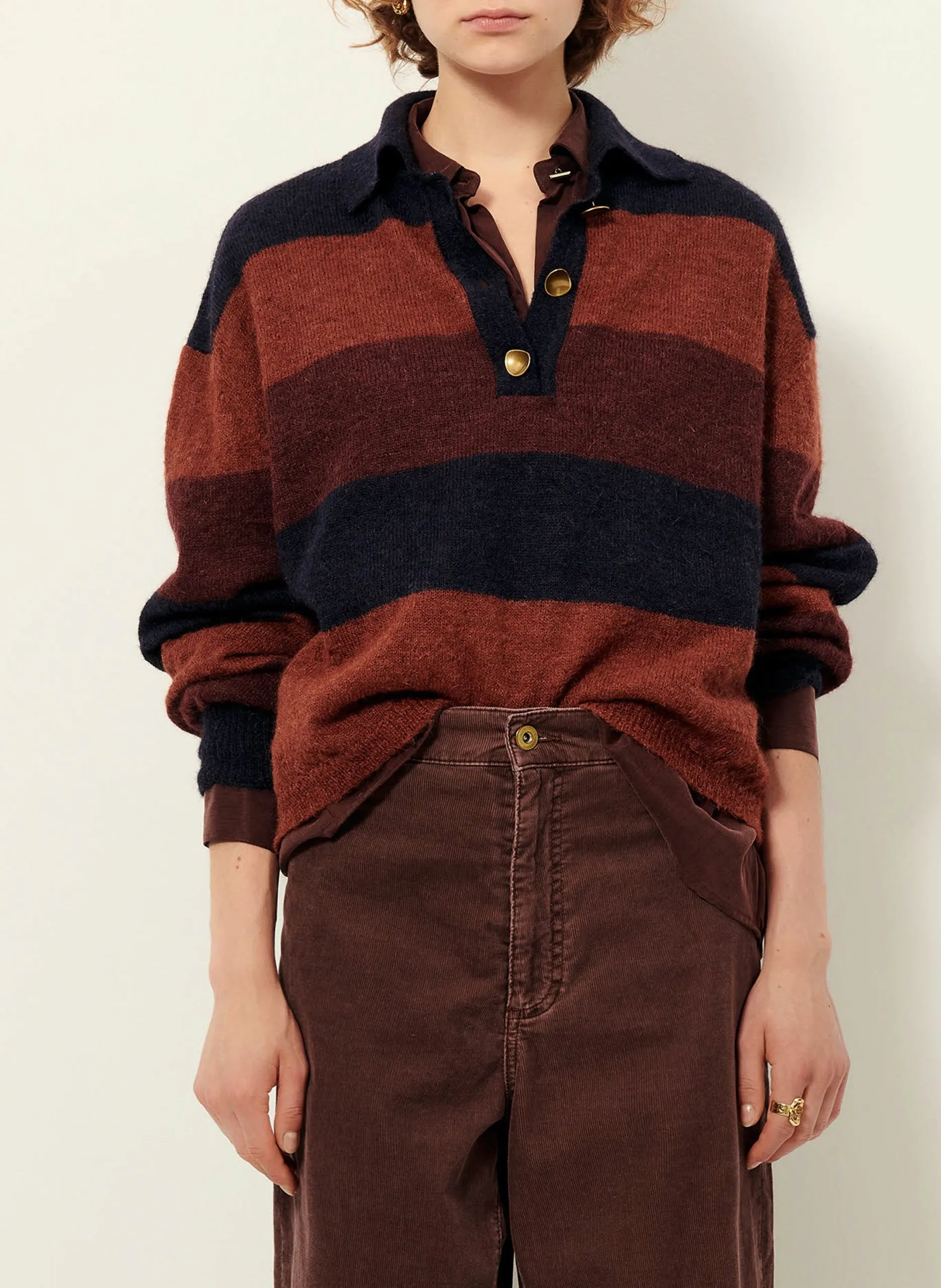 Pull ample col polo rayé en alpaga mélangé Bleu COBBY