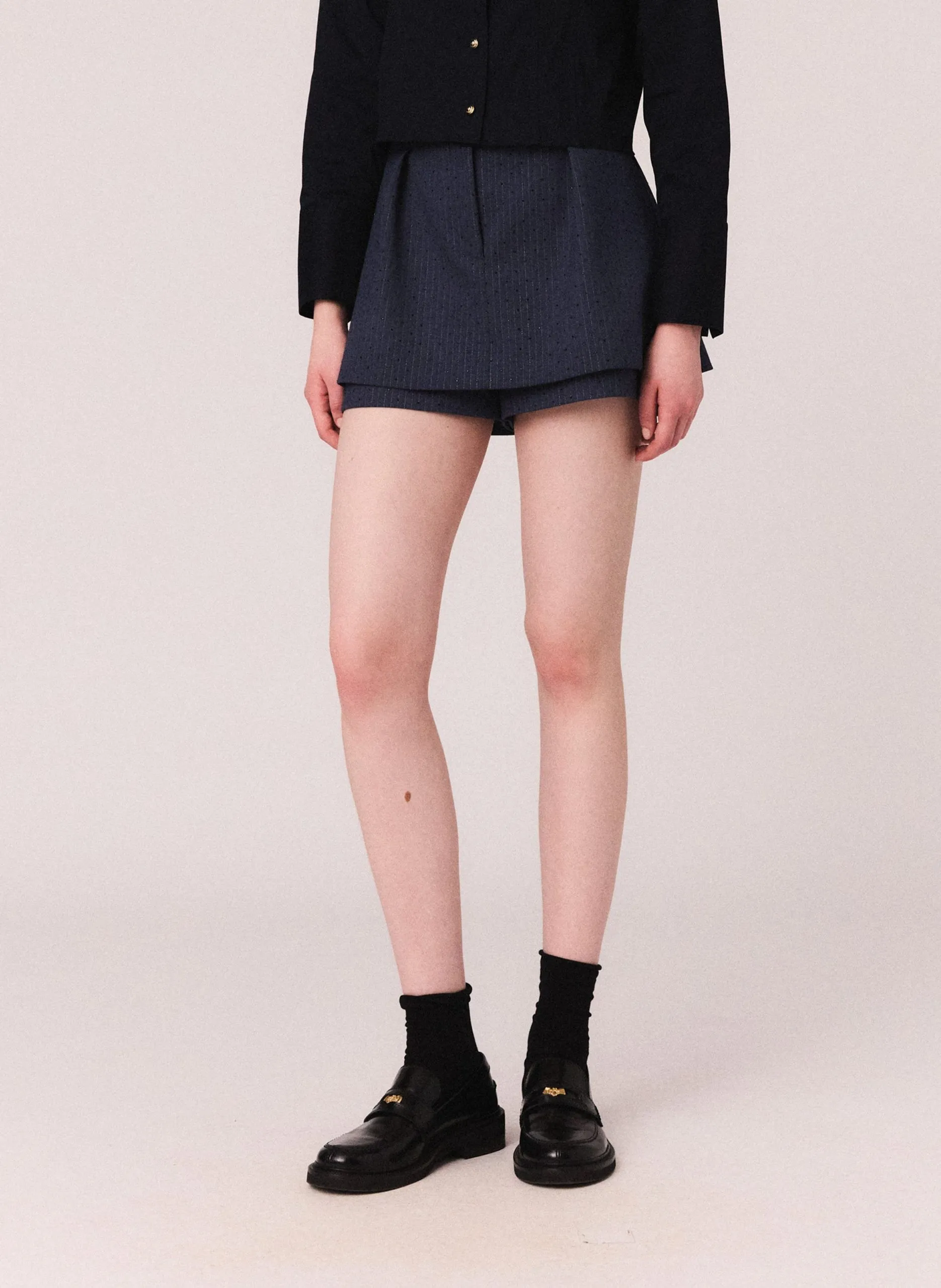 Short strassé à rayures fines Bleu