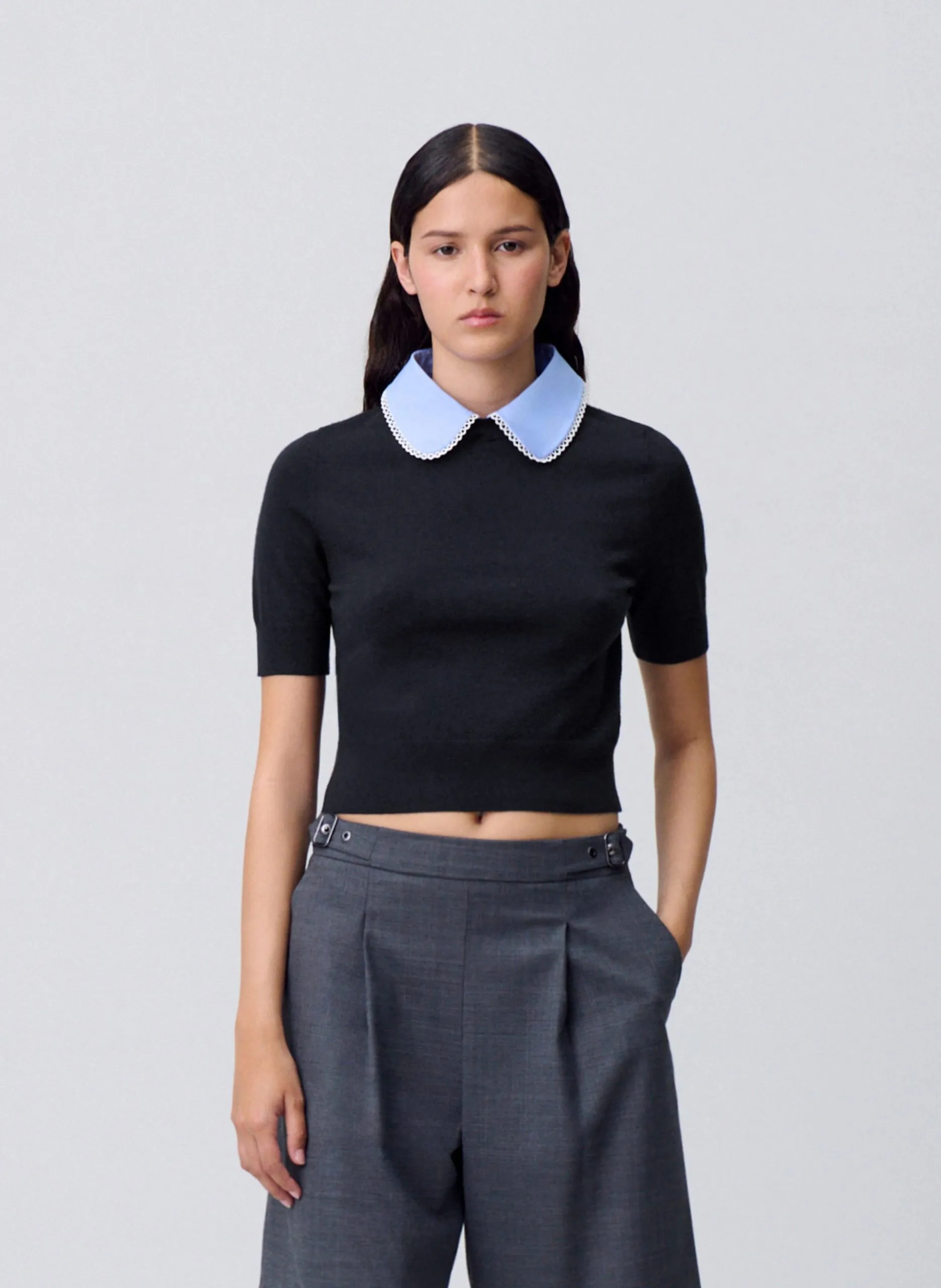 Pull manches courtes en maille fine Bleu