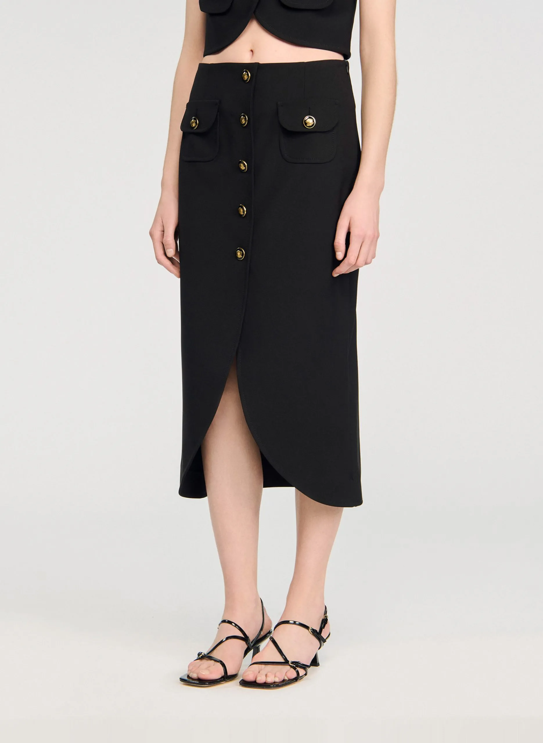 Jupe midi boutonnée en suède Noir