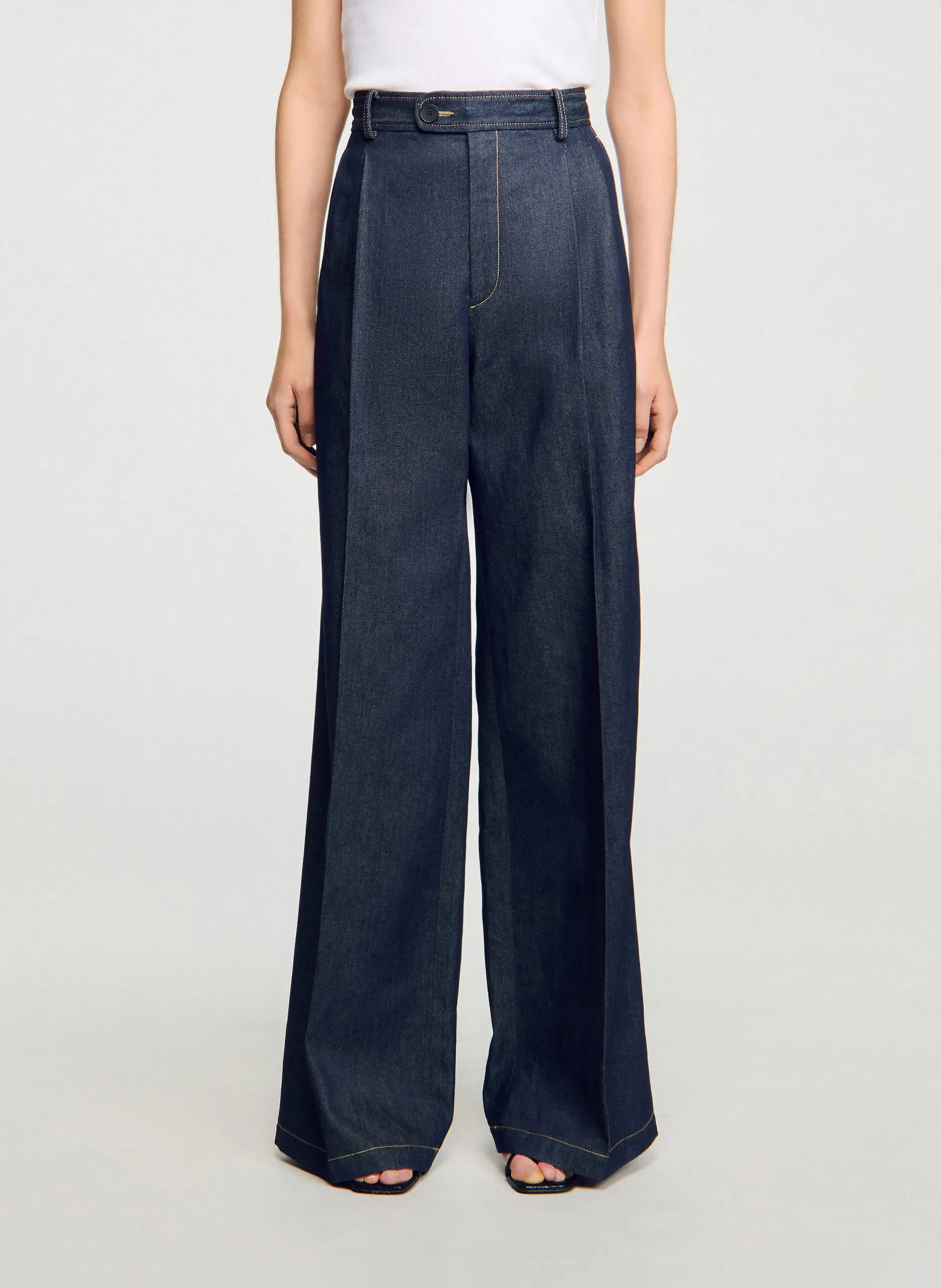 Jean large taille haute brut en coton Bleu