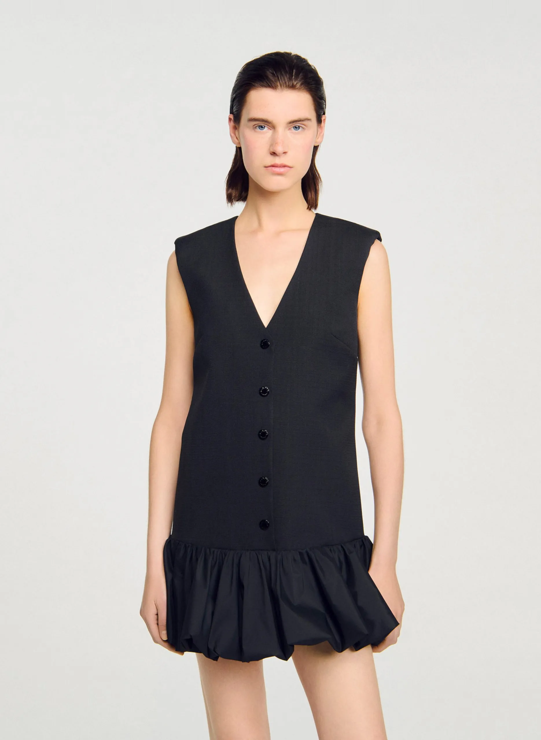 Robe col V sans manches unie Noir