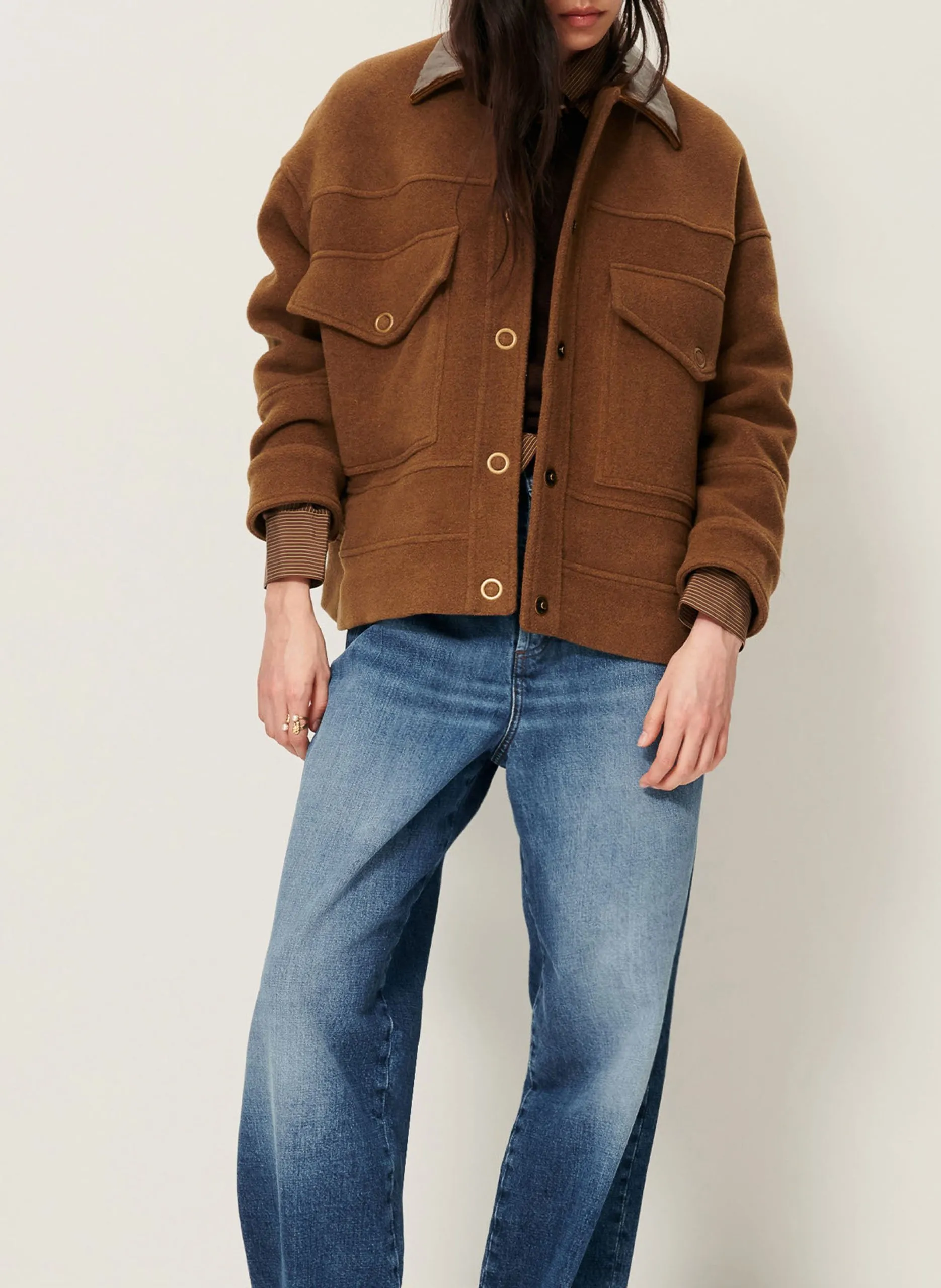 Manteau court col classique en laine mélangée Marron EDFINLAY