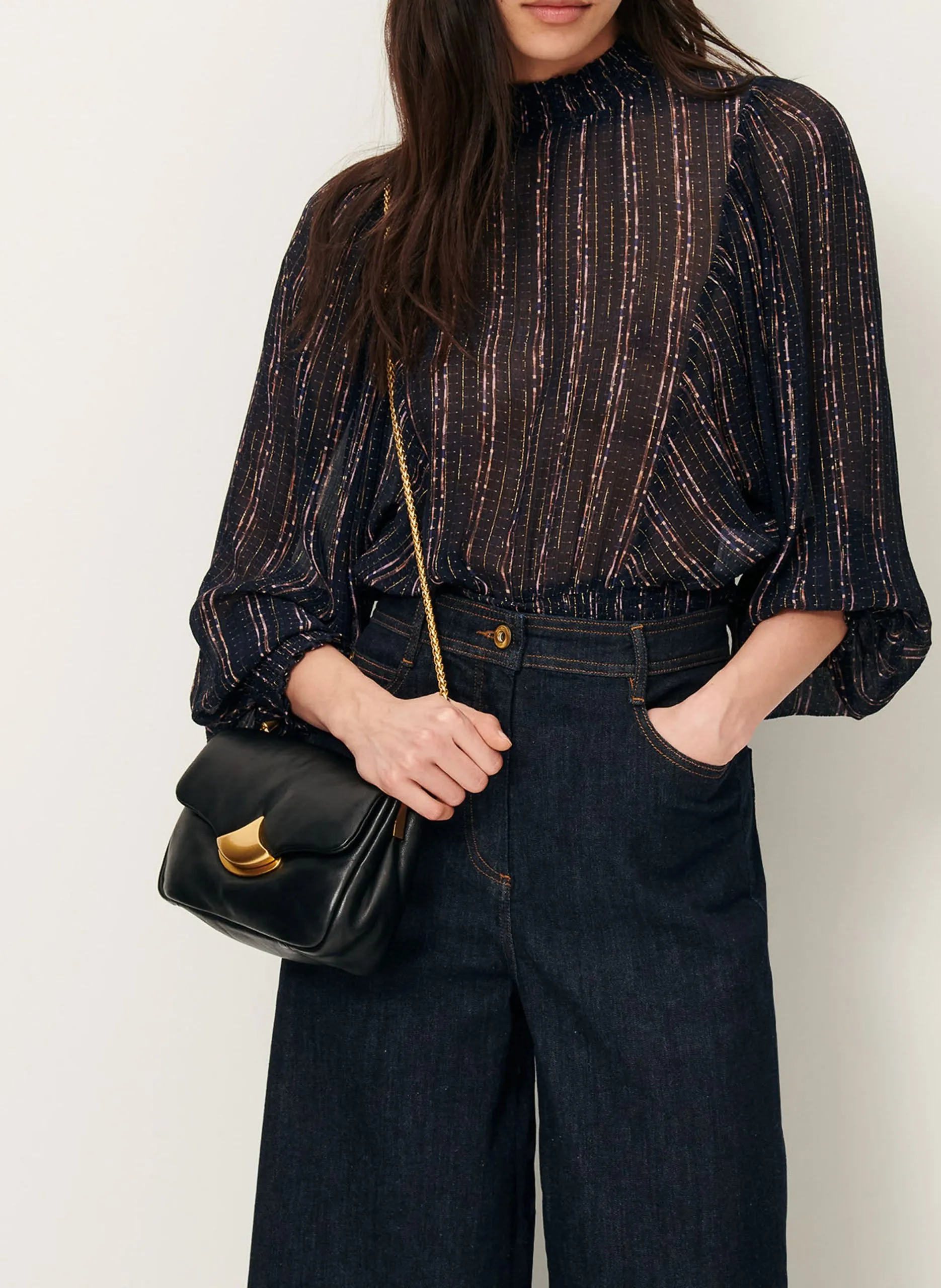 Blouse col montant droite imprimée Bleu DUCHESS