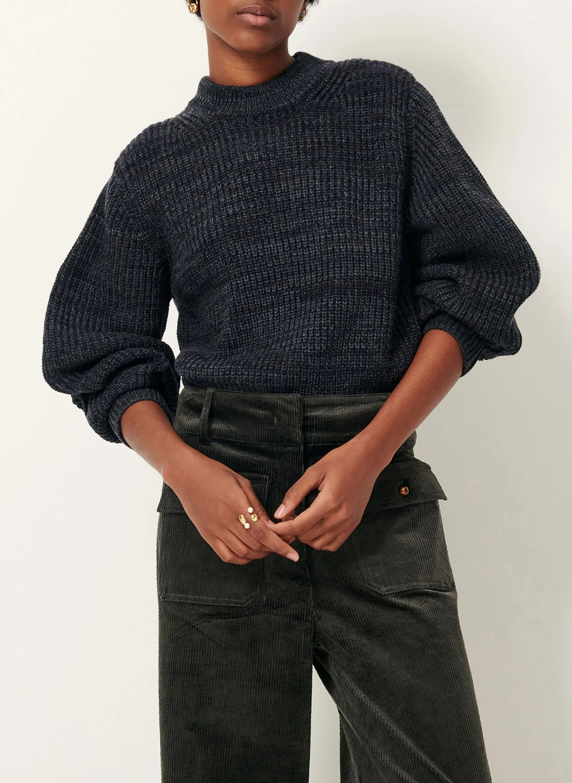 Pull ajusté col rond en maille mélangée Vert WADDEN