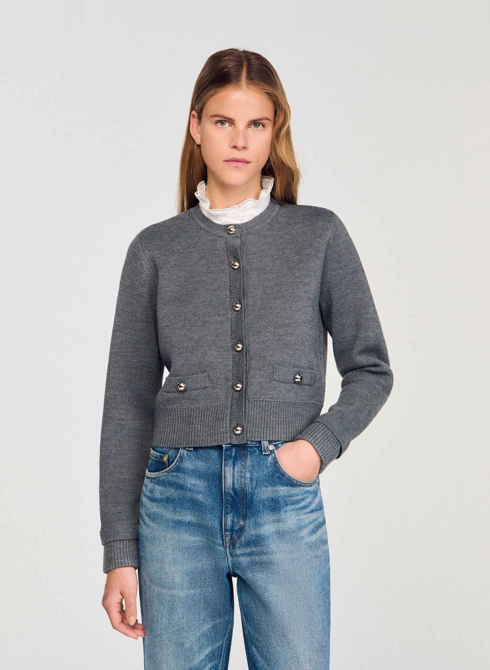 Gilet droit col rond Gris