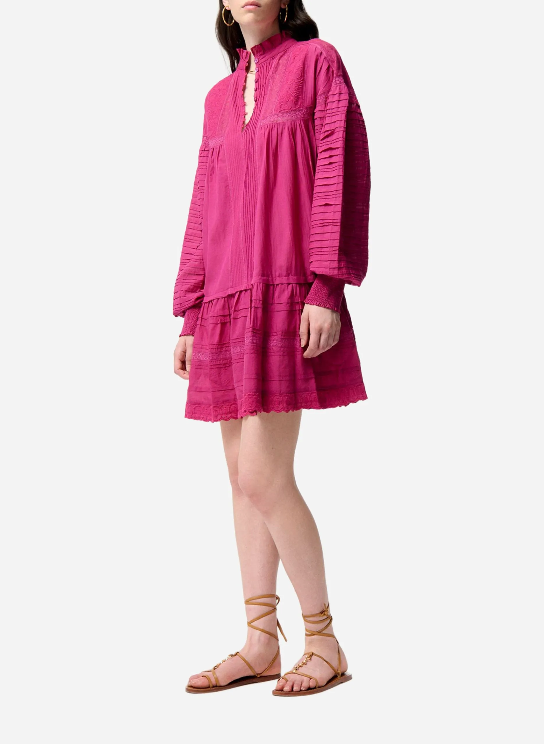 Robe courte trapèze brodée en coton mélangé Rose DIANE