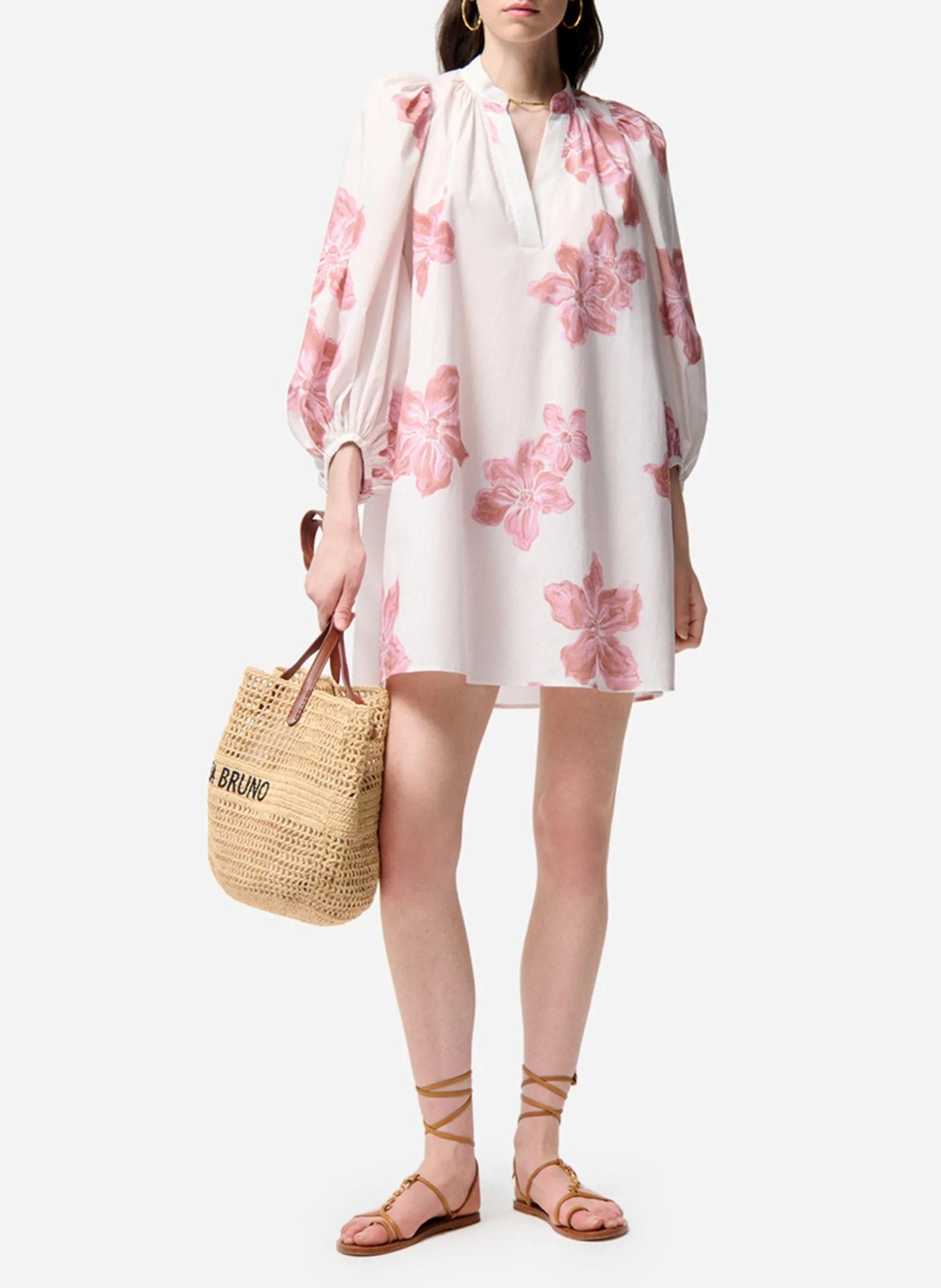 Robe courte col V en coton Rose VANESSA