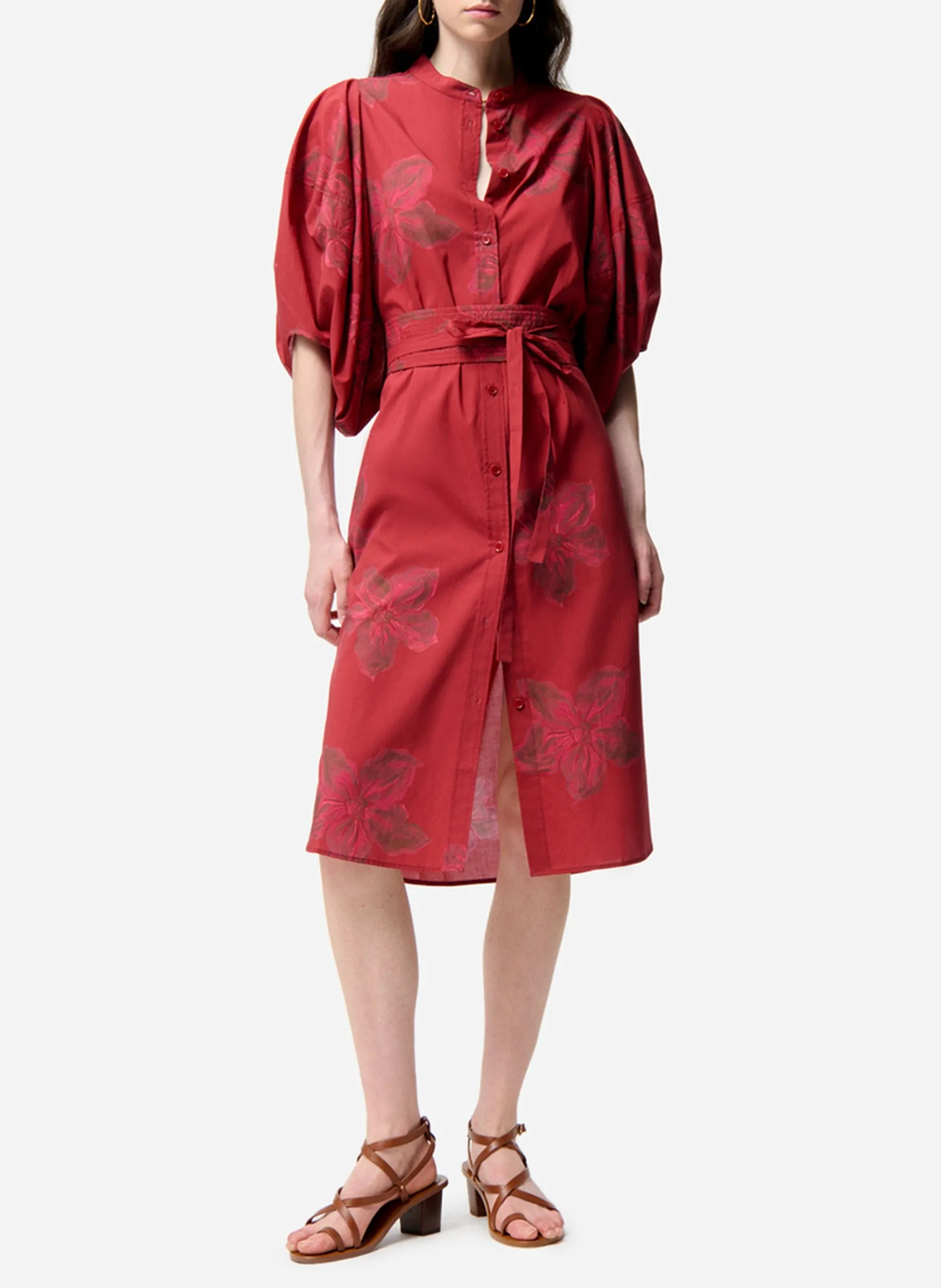 Robe midi col rond imprimée Rouge FLORA