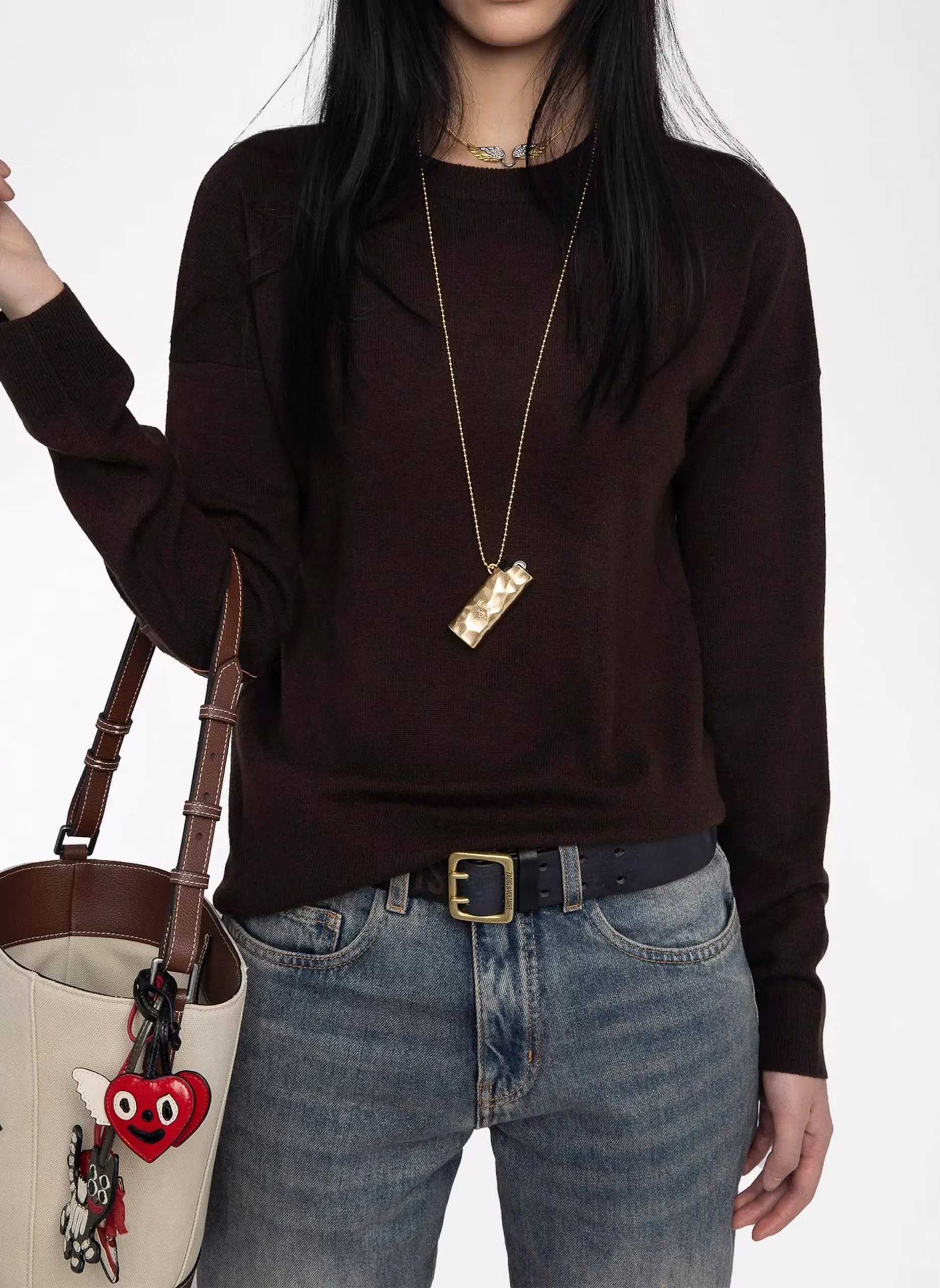 Pull col rond avec patch en cachemire Marron CICI