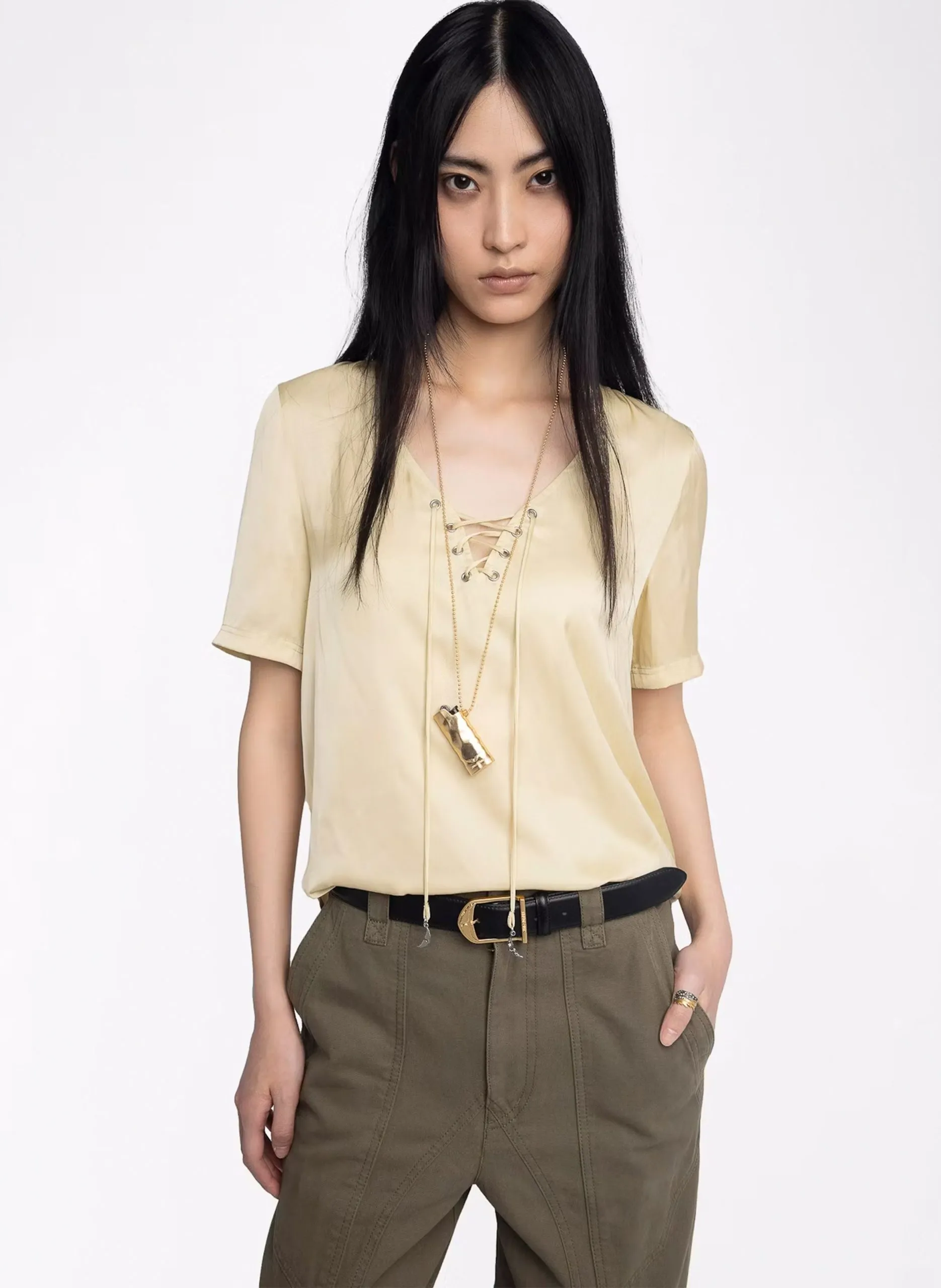 Top droit en satin Jaune TERZO