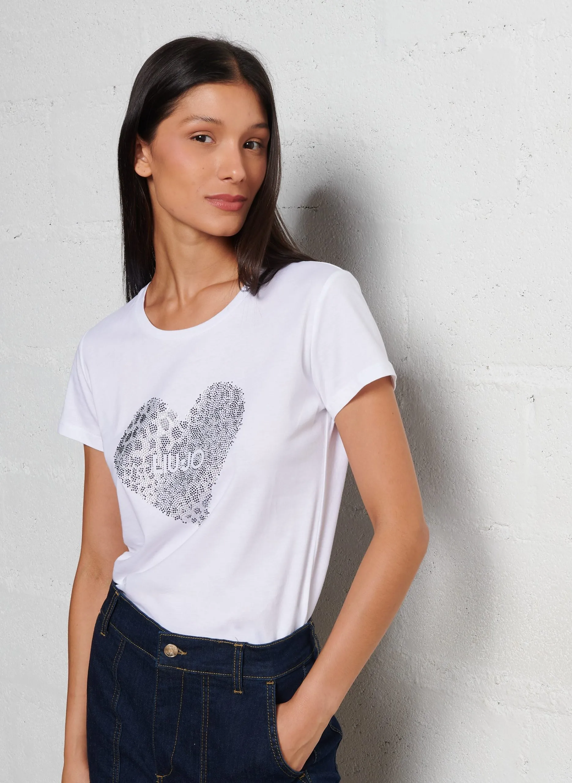 Tee-shirt col rond en à strass Blanc