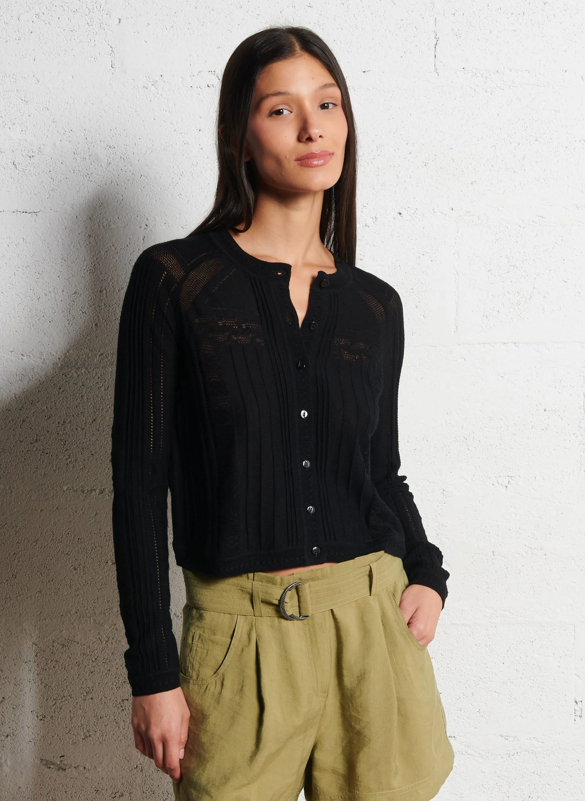 Gilet col rond en laine mélangée Noir PURIA