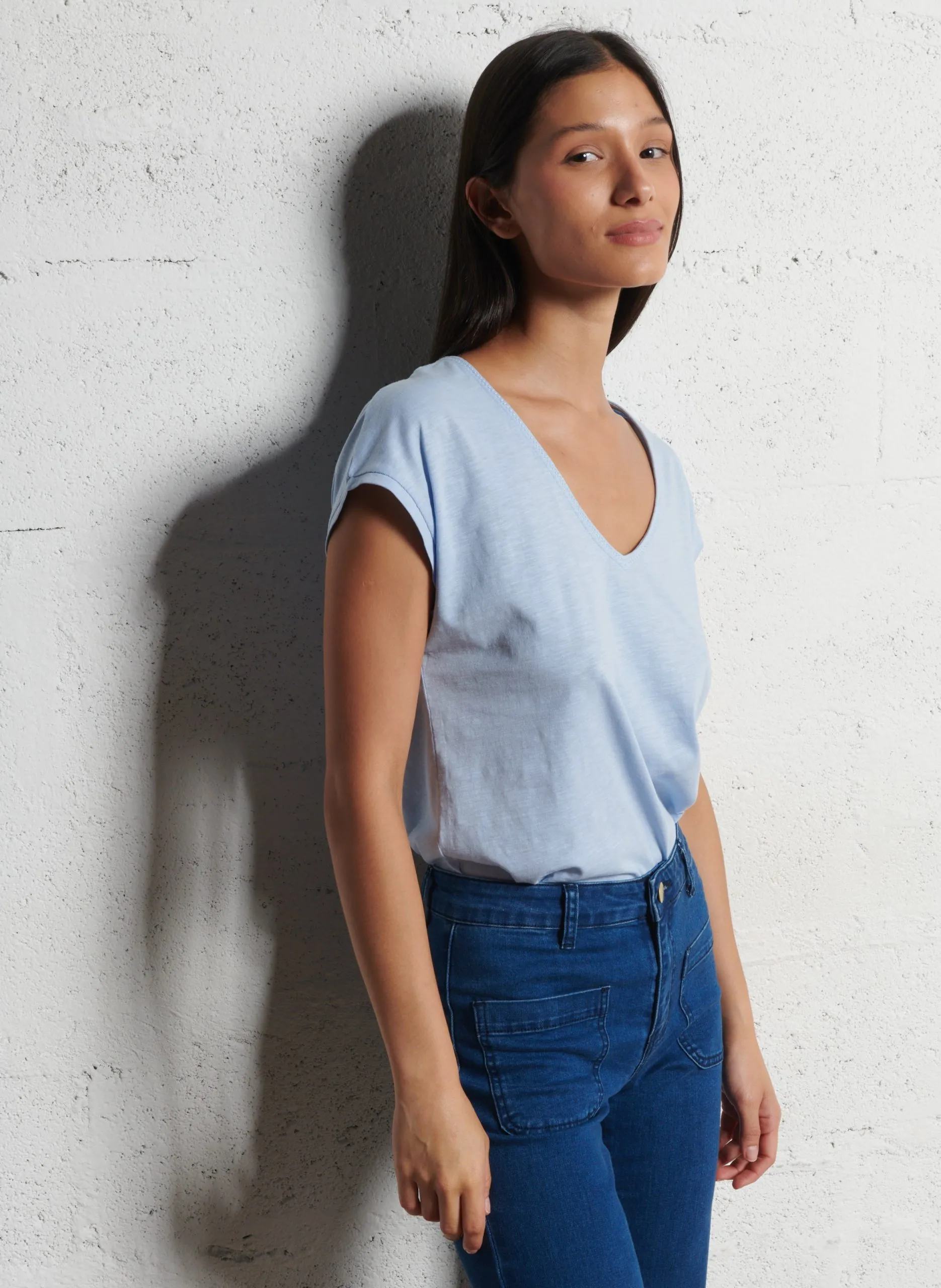 Tee-shirt droit col V en coton Bleu ASTRID
