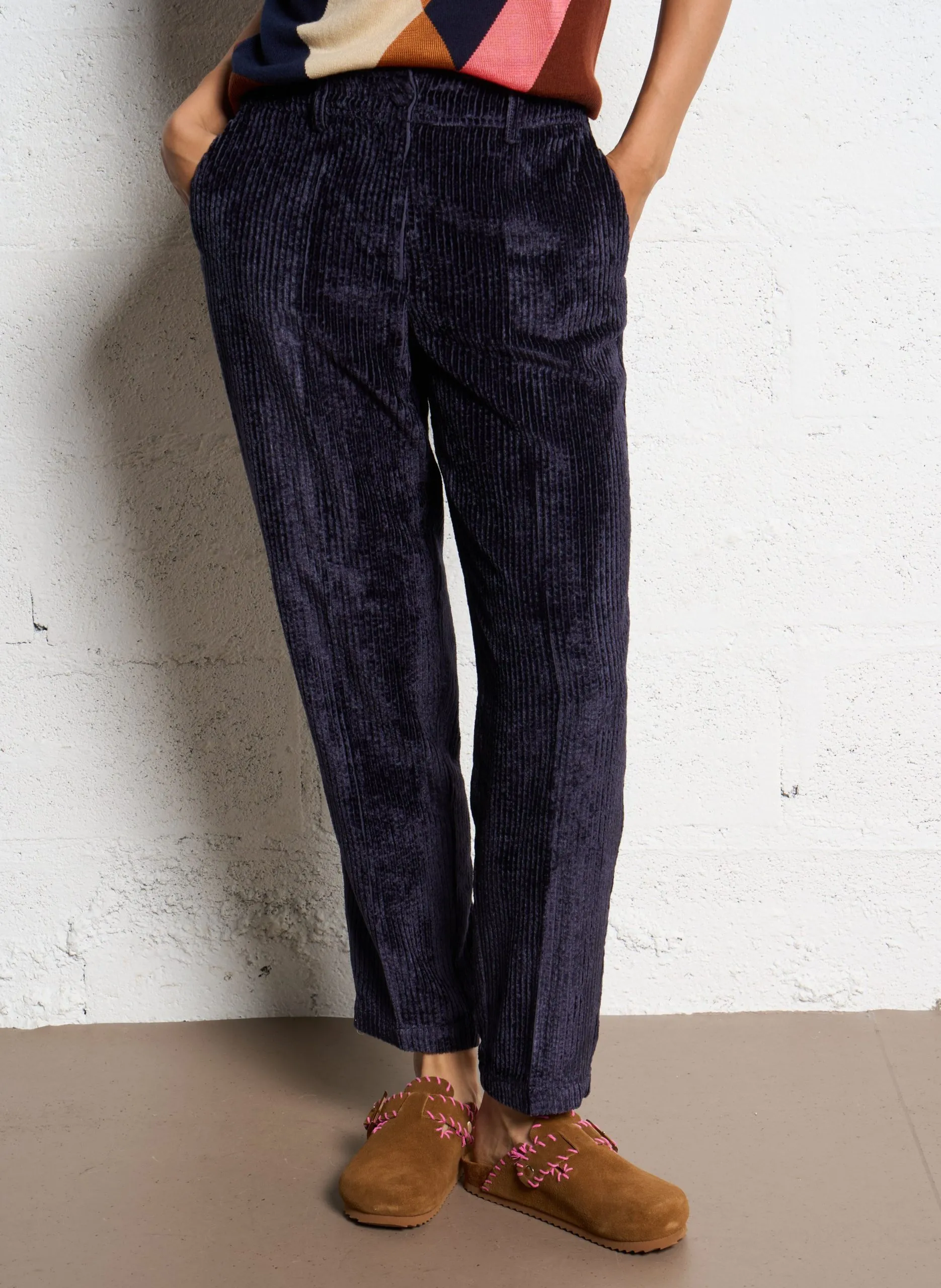 Pantalon droit en velours côtelé Bleu JOHN