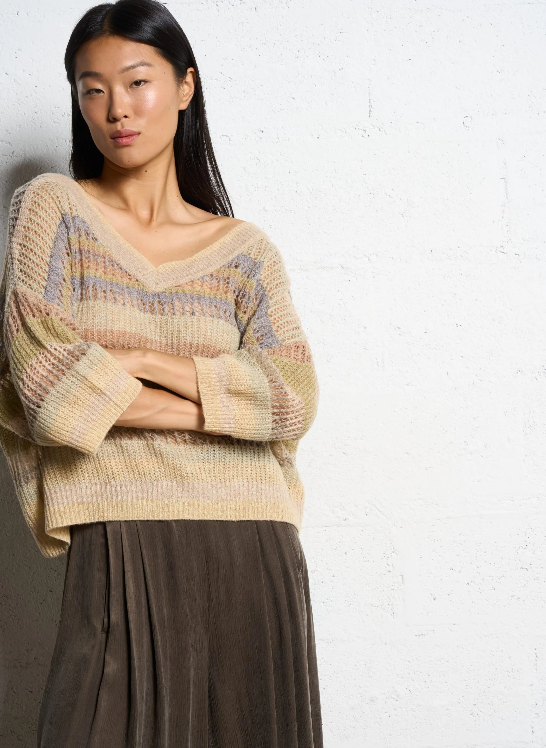 Pull rayé ample en maille ajourée Beige FAIKA