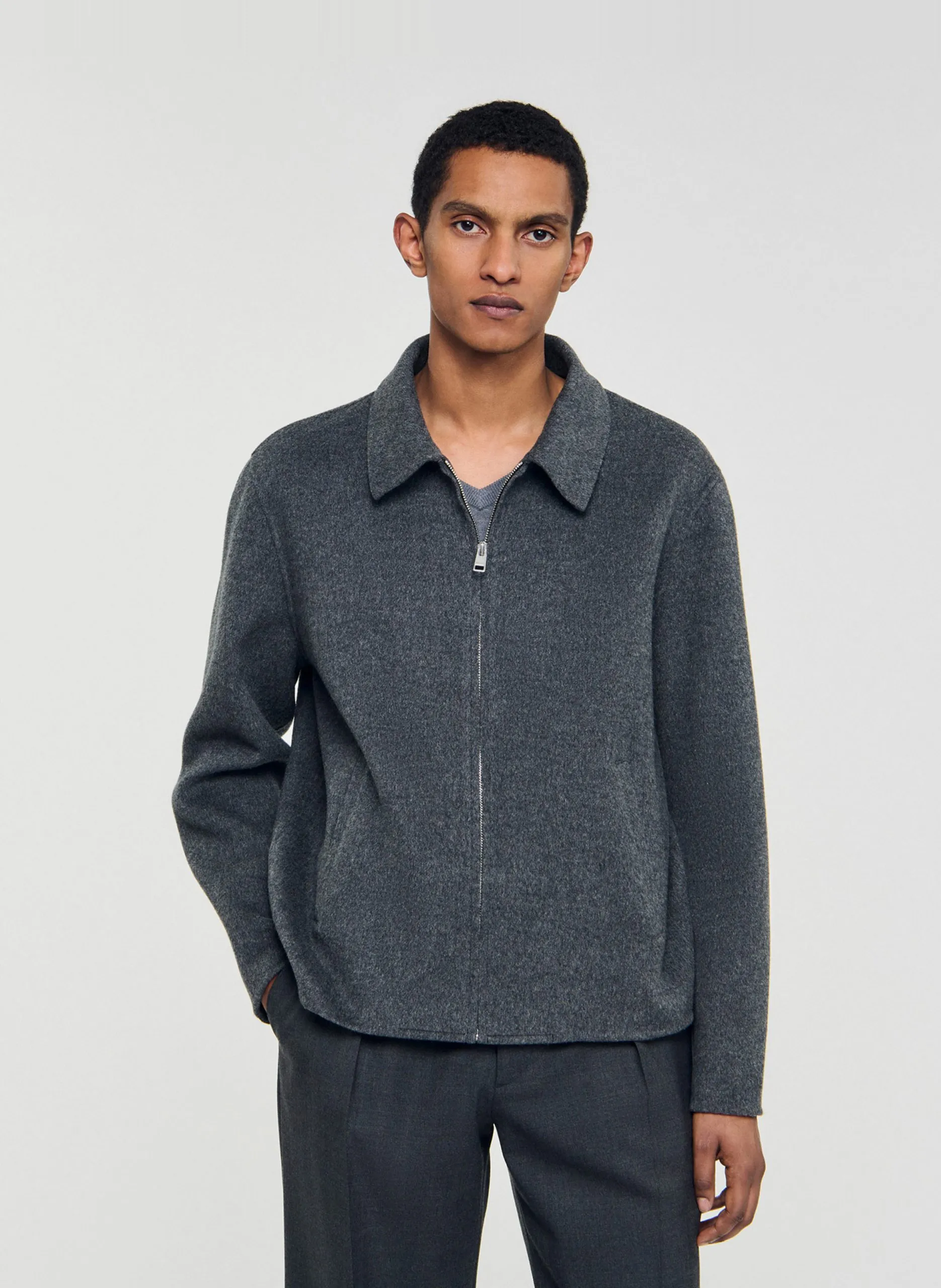 Veste droite col classique en laine mélangée Gris