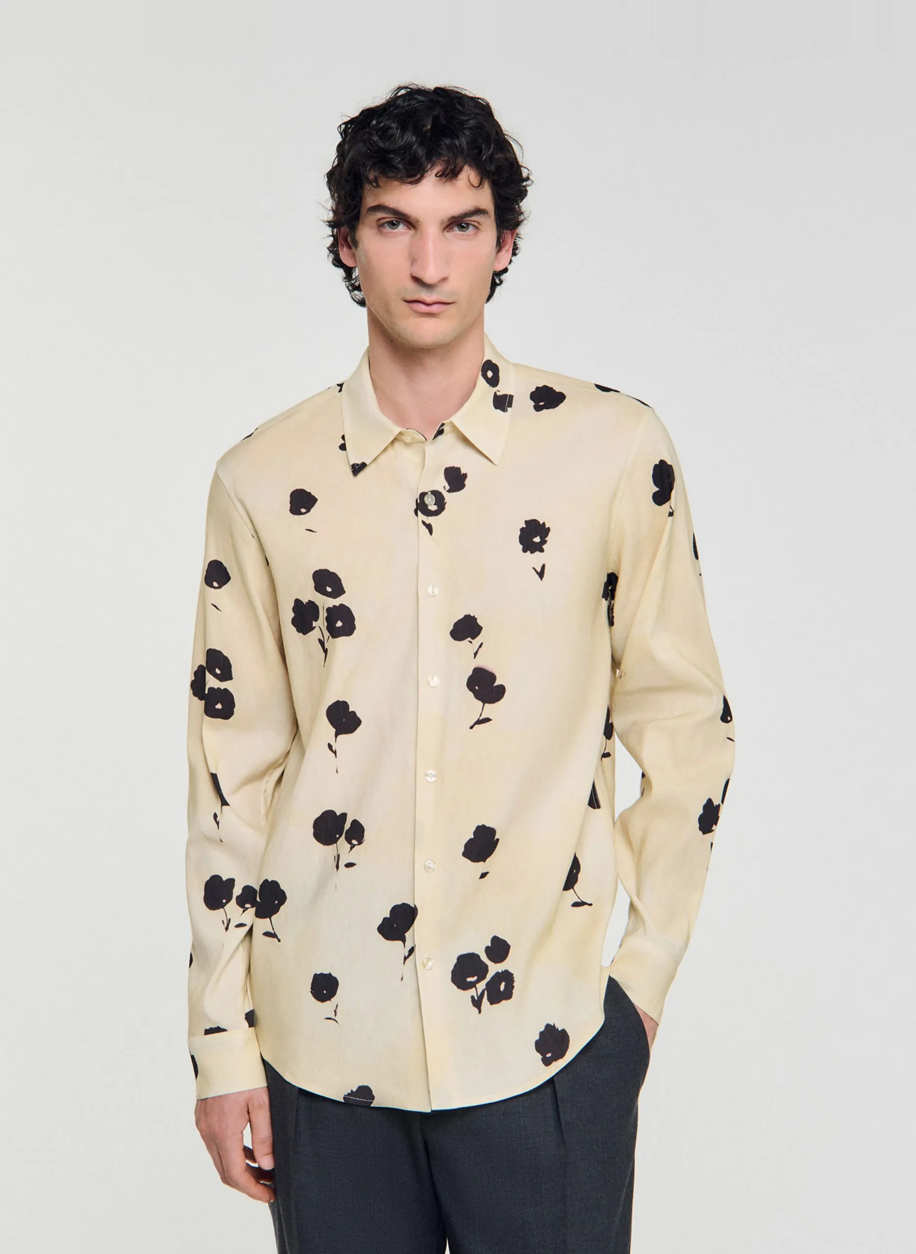 Chemise droite col classique en lin mélangé Blanc