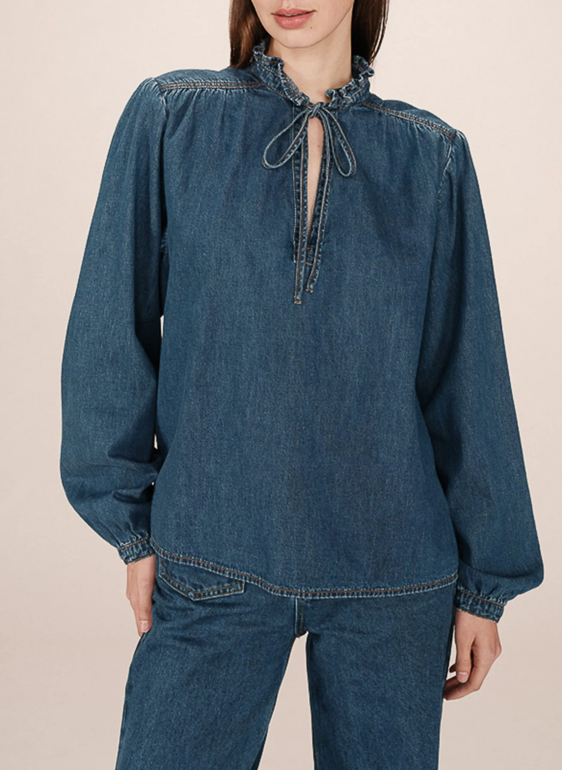 Blouse col rond en denim de coton mélangé Bleu SALSA
