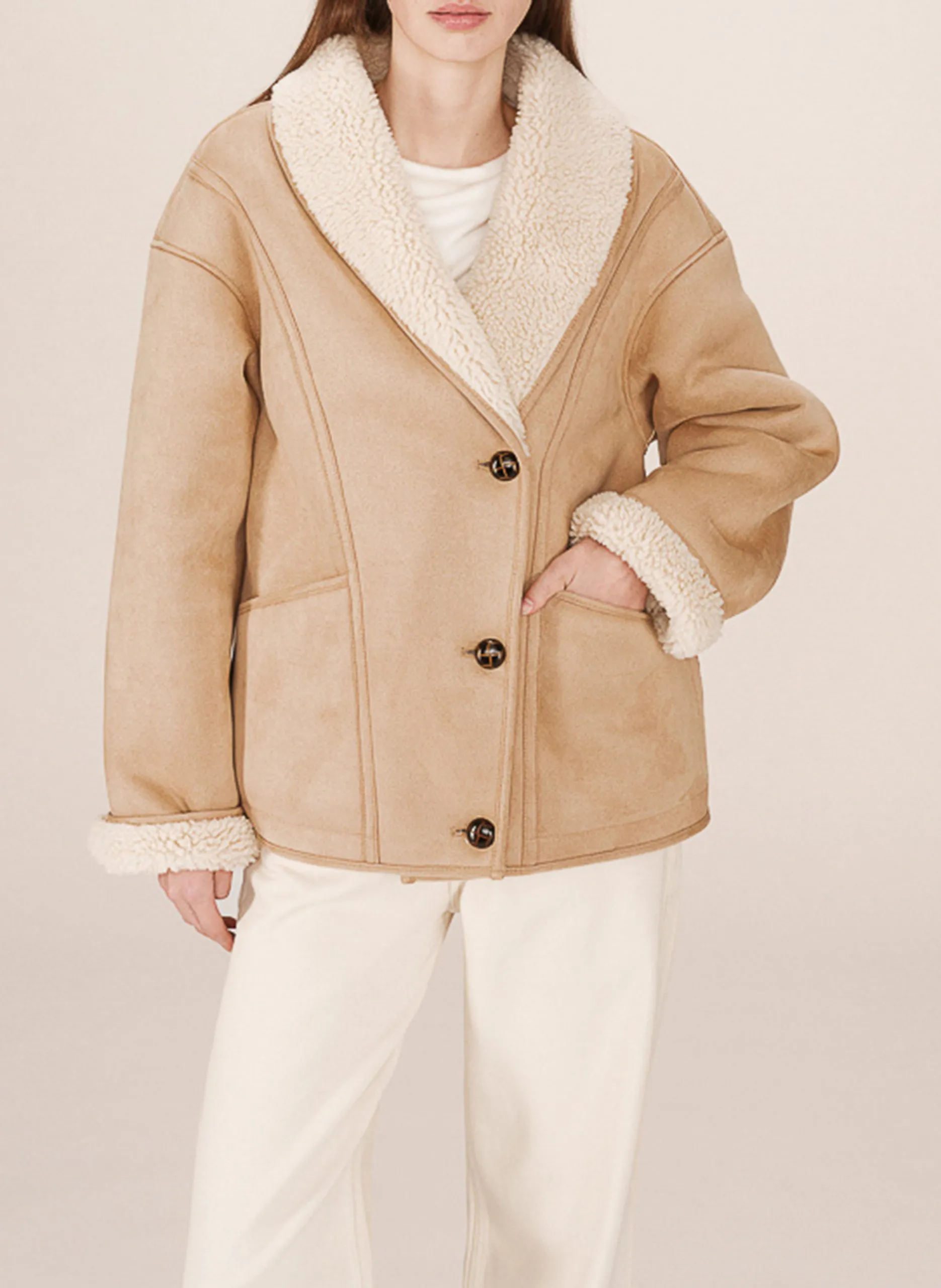 Manteau oversize col châle en fourrure synthétique Rose SWAN