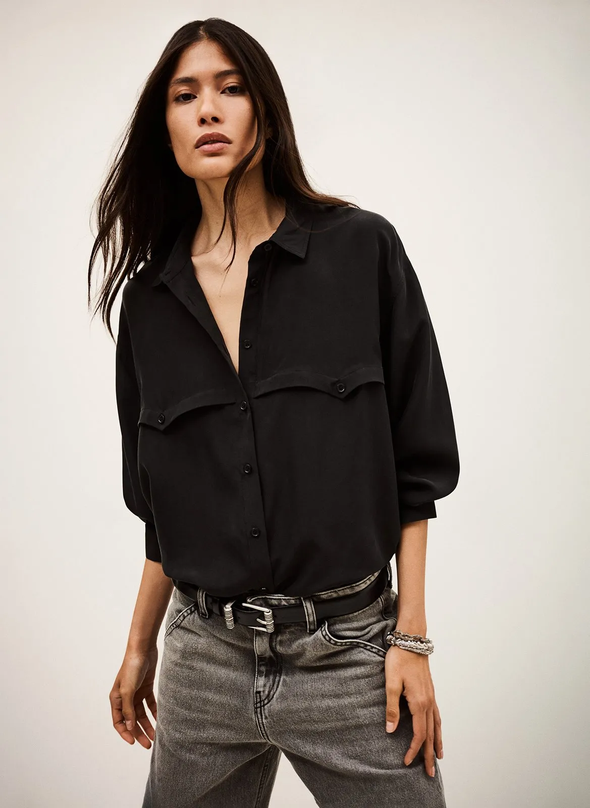 Chemise col classique en soie Noir HAORA