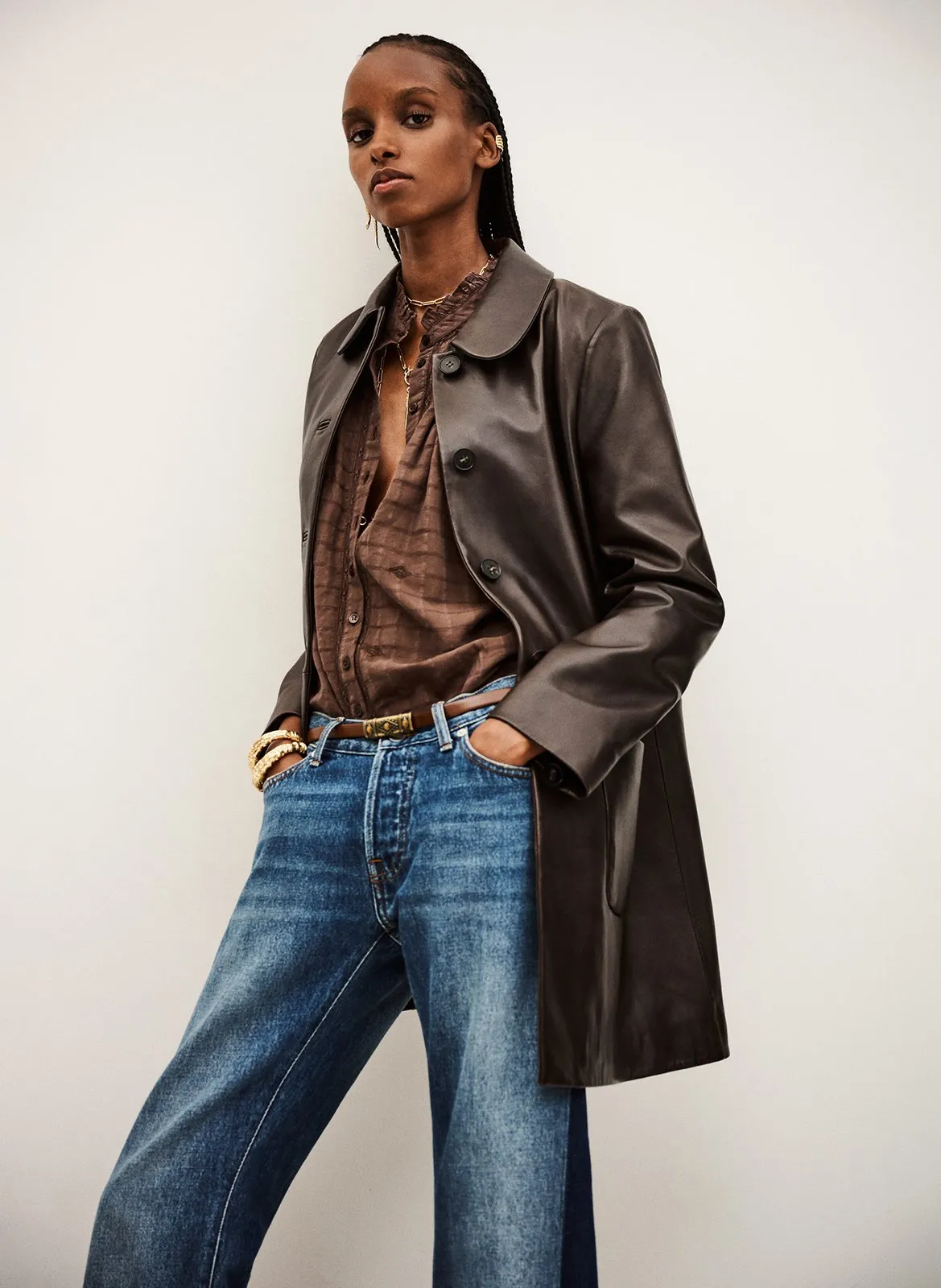 Veste en cuir col chemise Marron MADIE