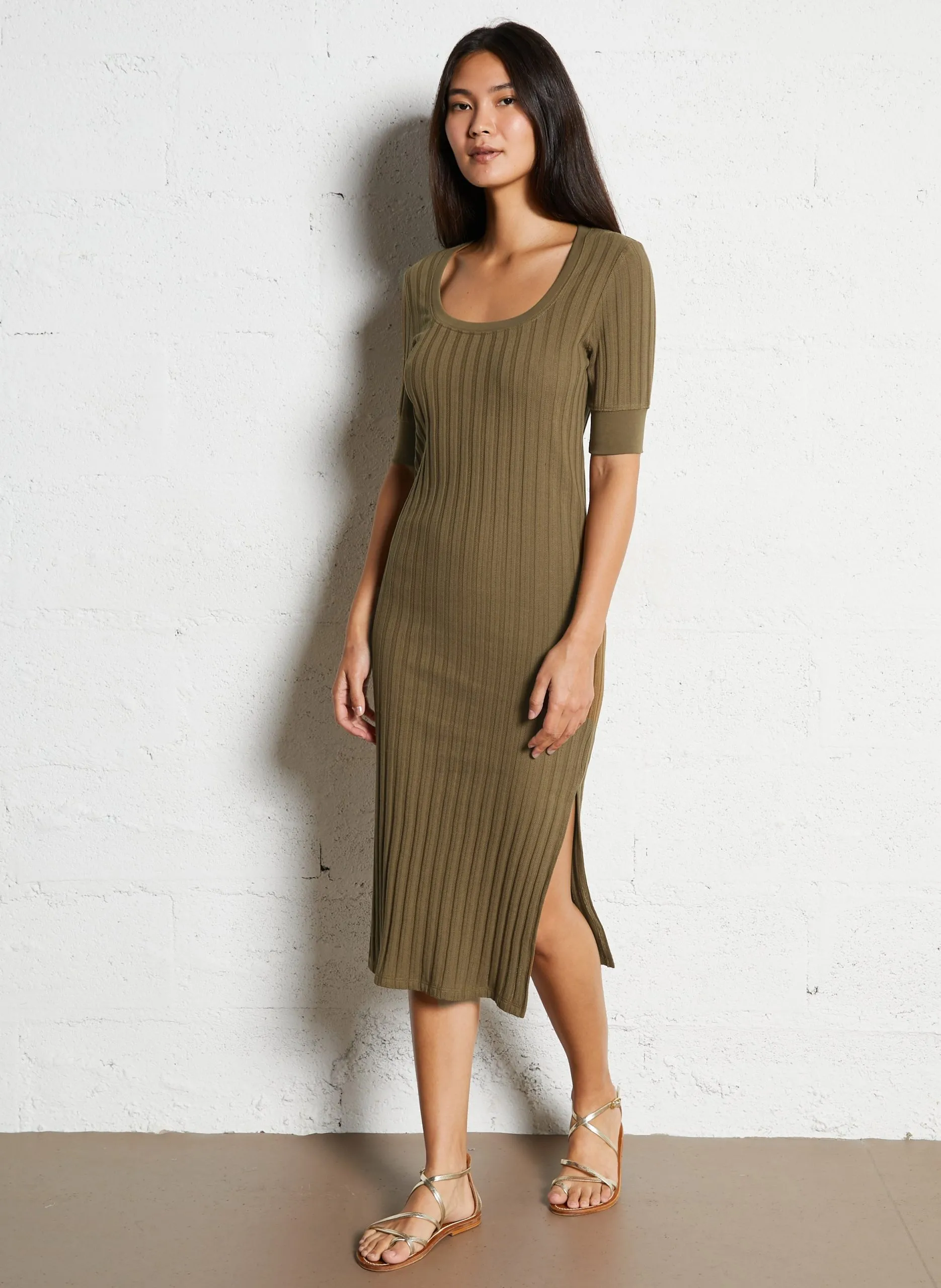 Robe midi col carré en coton Kaki TAHRANE