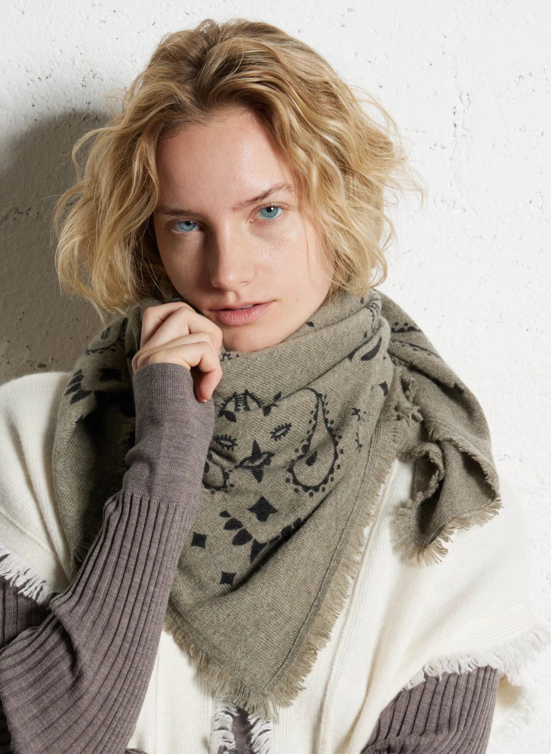 Echarpe en cachemire à imprimé Kaki HACHIKO