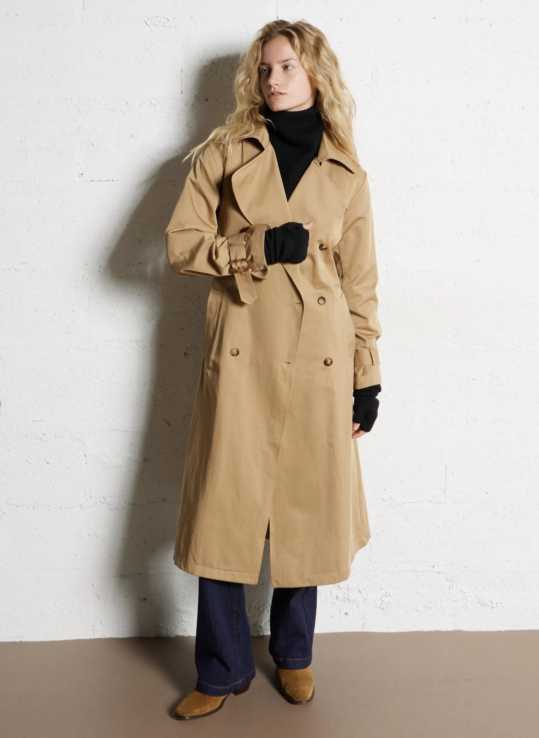 Trench-coat droit en coton mélangé Beige FARAGO