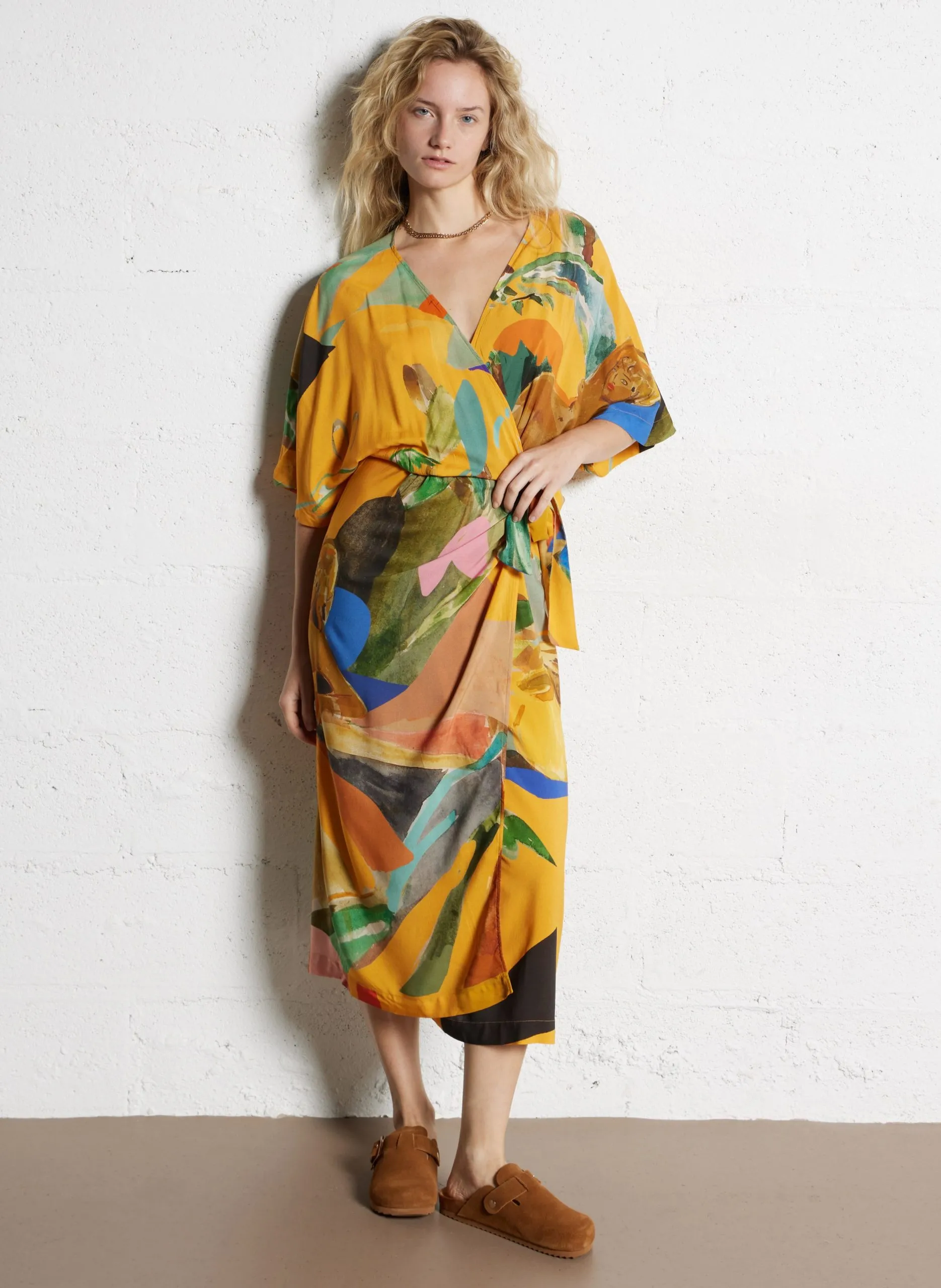 Robe longue col V imprimé tropical Orange DANCING WOOD