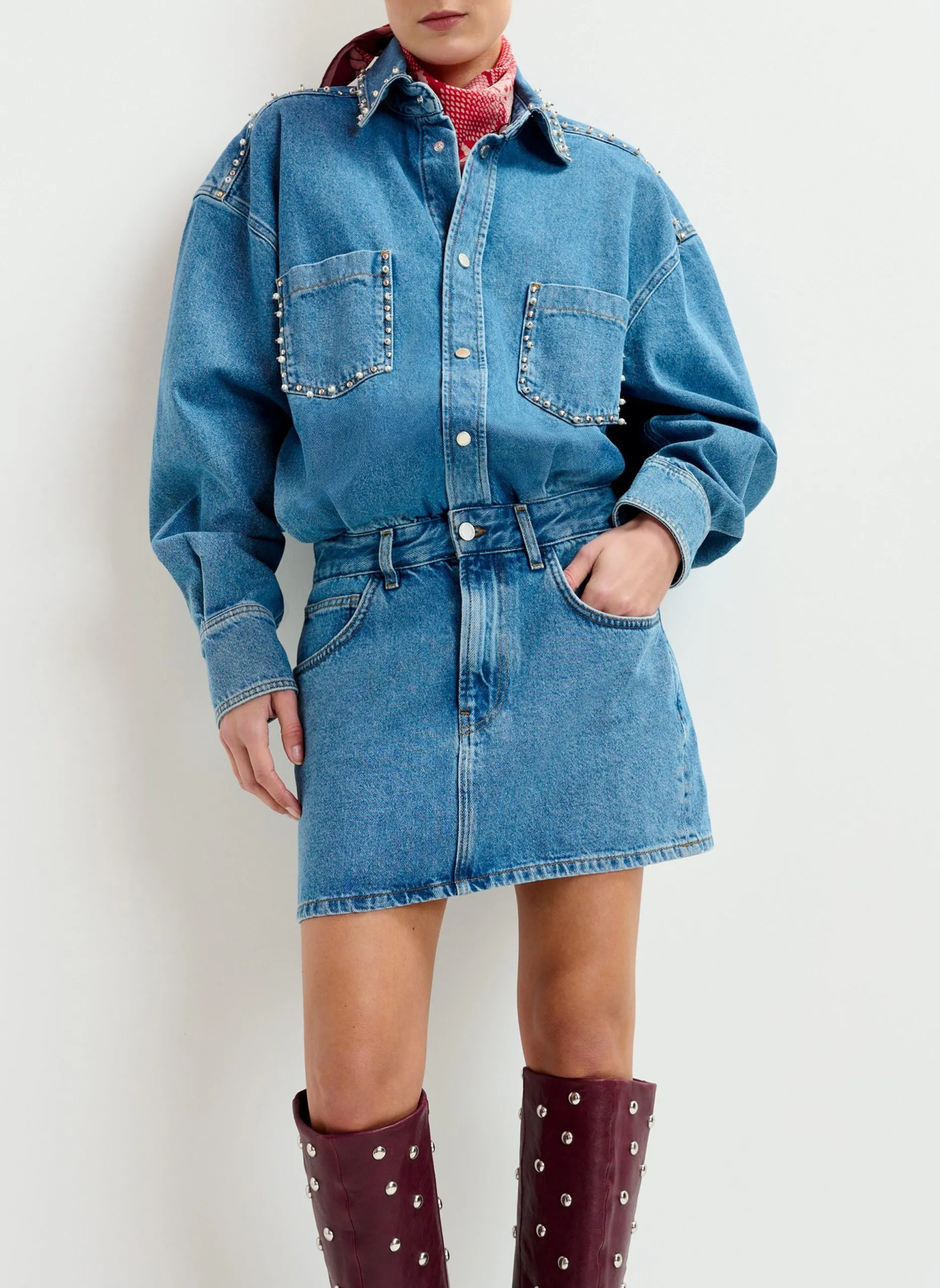 Robe courte col classique en denim de coton Bleu ILENE