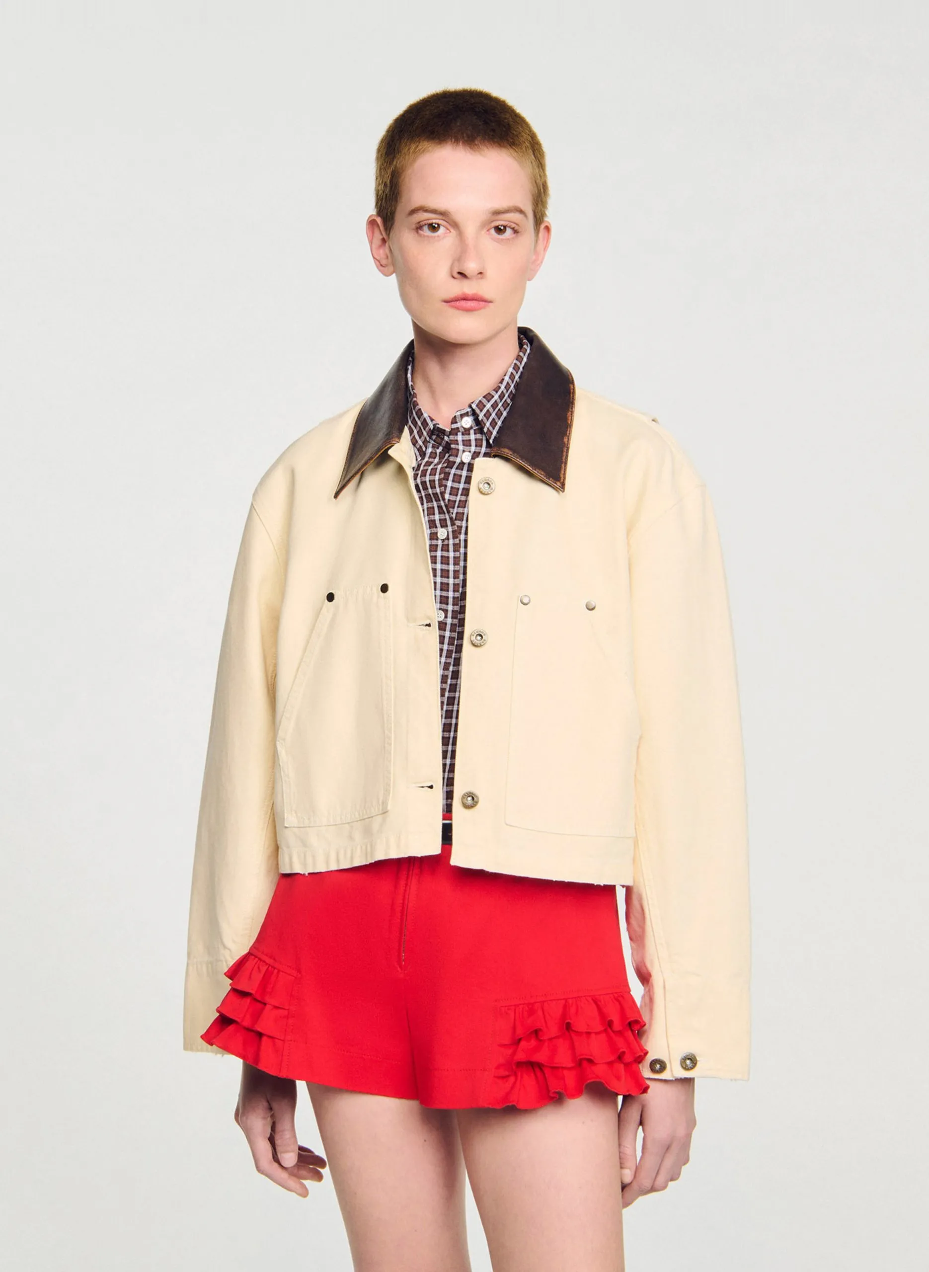 Blouson col classique en cuir Blanc