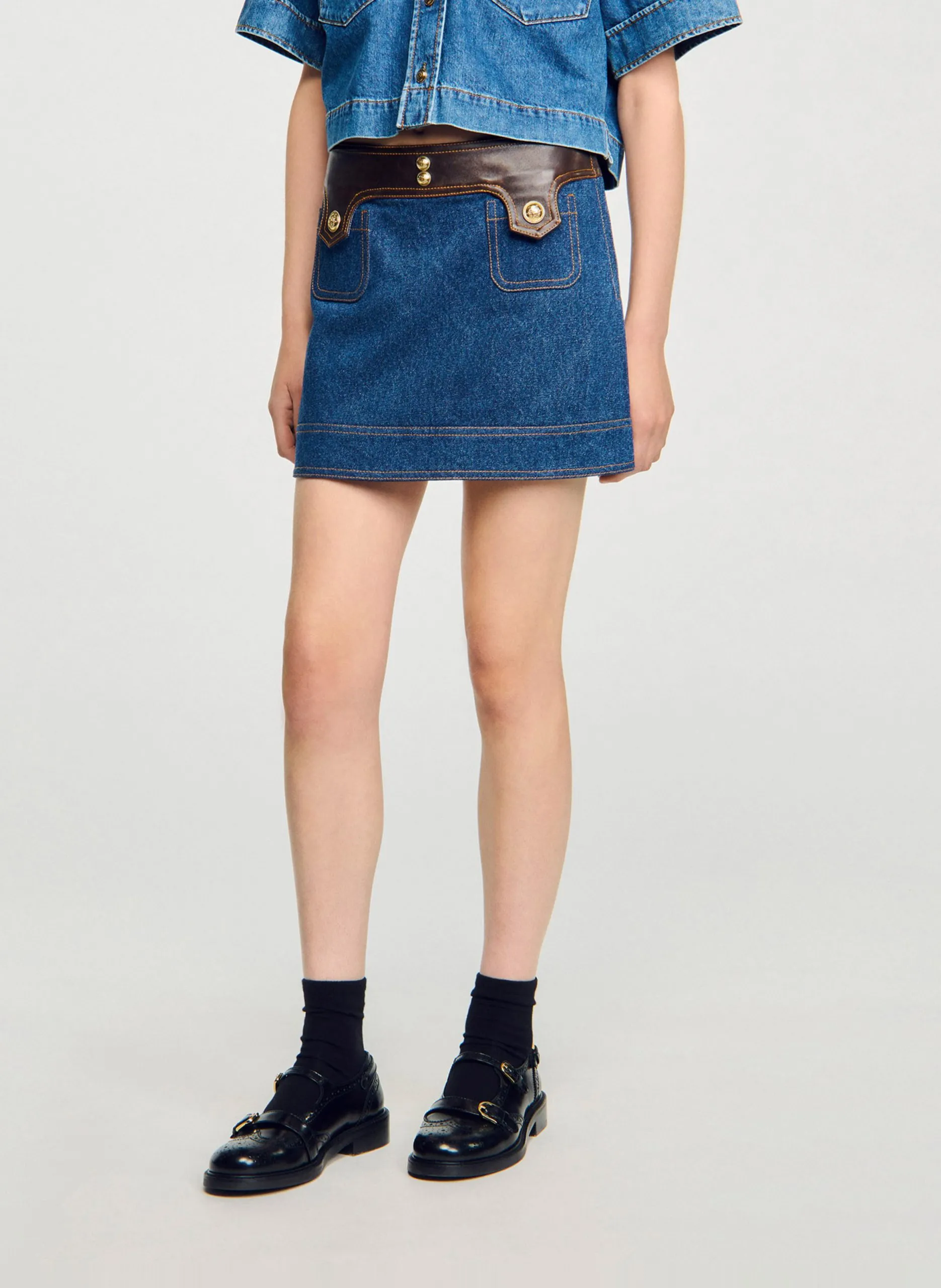 Jupe courte en denim de coton Bleu