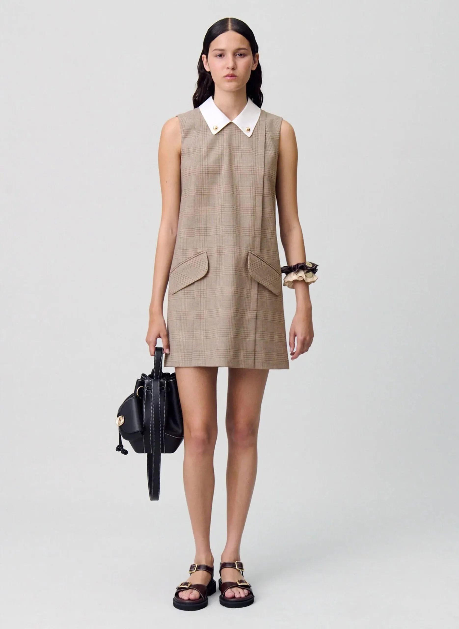 Robe coourte col contrasté en laine mélangée Multicolore