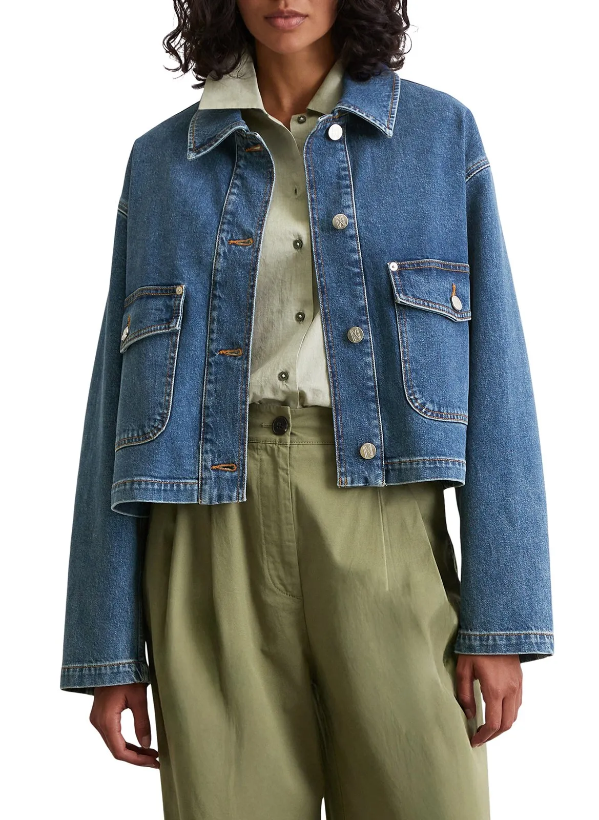 Veste col classique en denim de coton mélangé Bleu