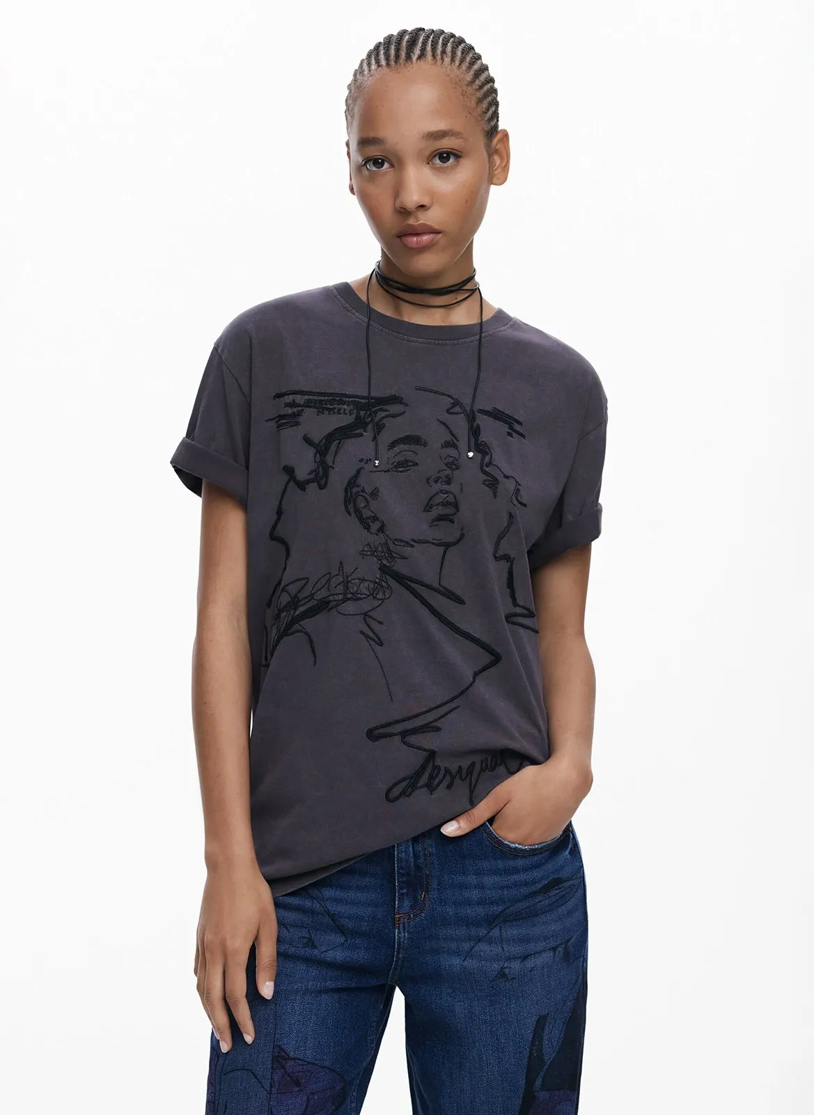 Tee-shirt imprimé col rond en coton Marron