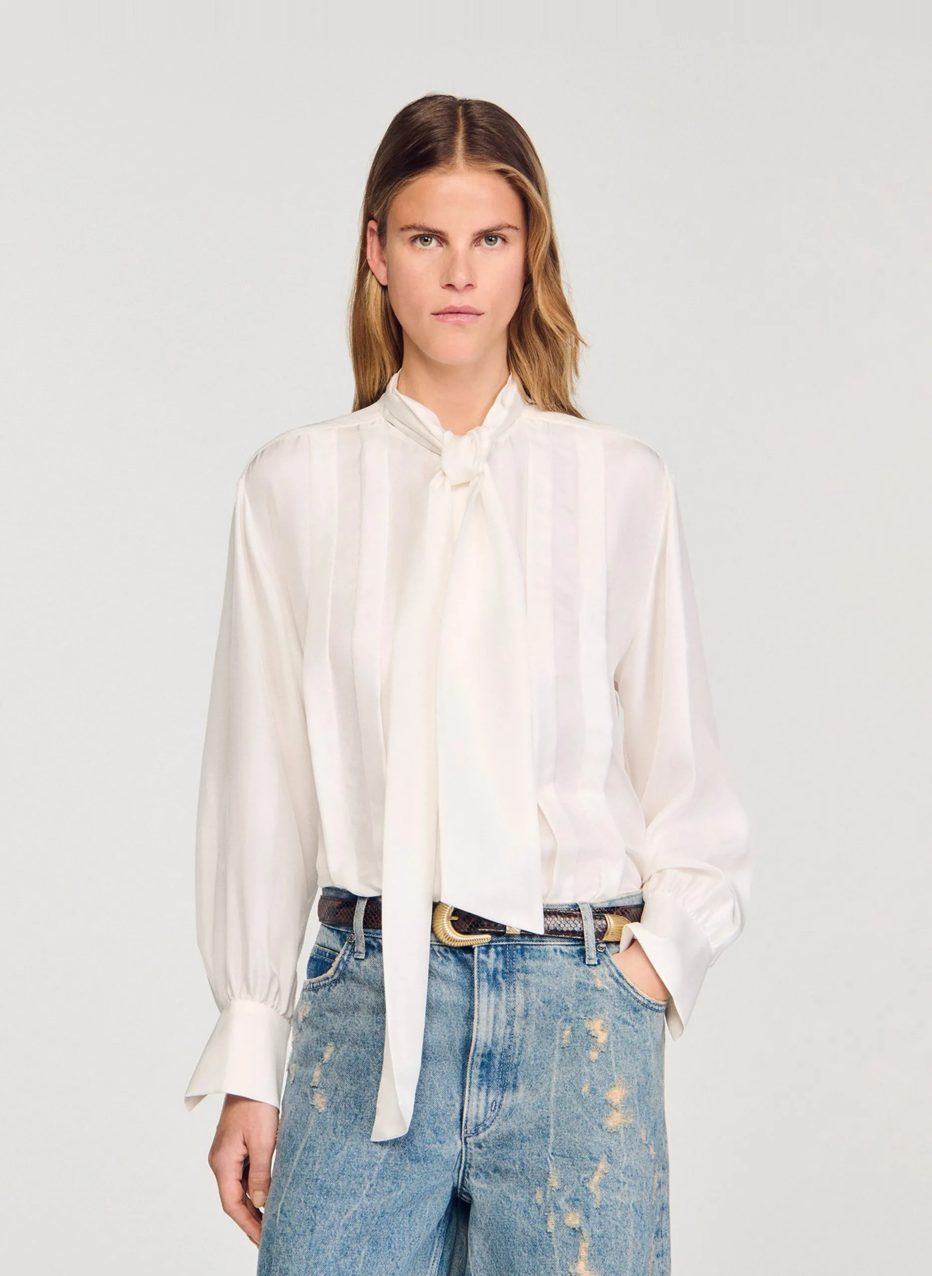 Blouse col lavallière en soie Blanc