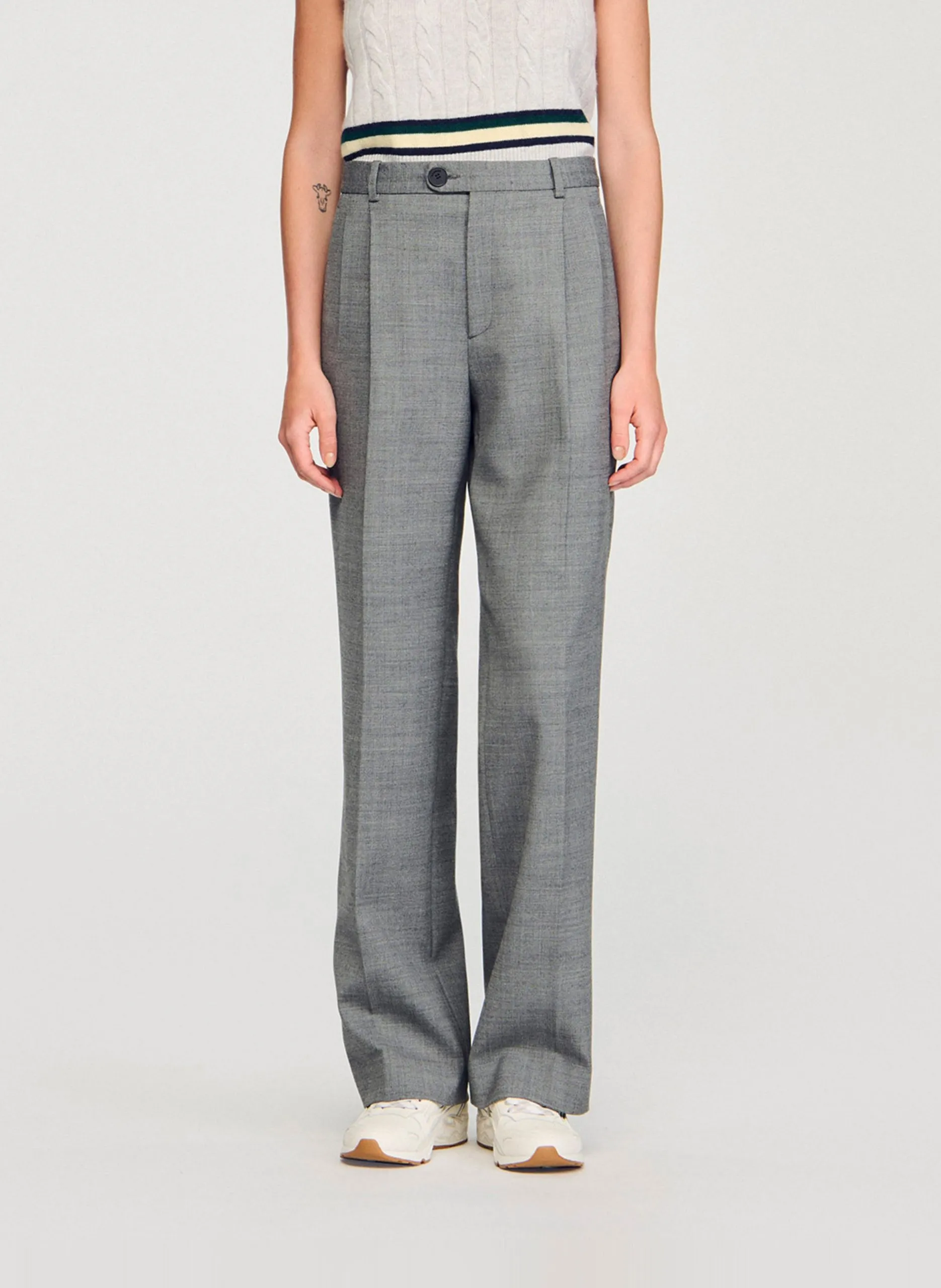 Pantalon droit à pinces taille haute Gris